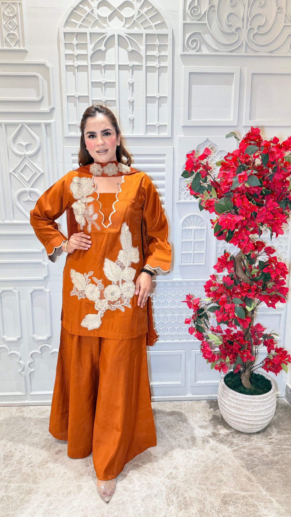 Beautiful three-piece ethnic set features striking white floral work PC3602