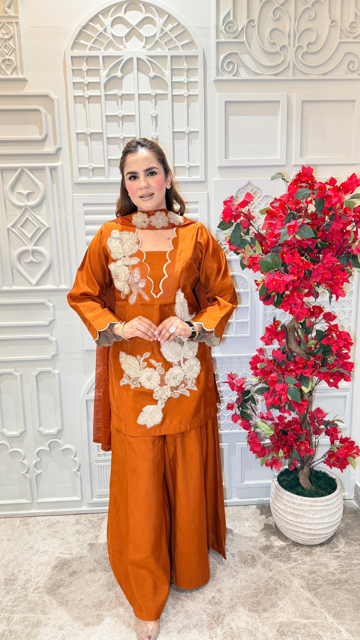 Beautiful three-piece ethnic set features striking white floral work PC3602