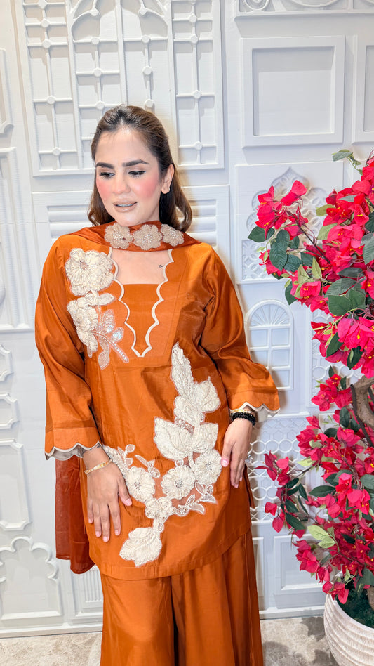 Beautiful three-piece ethnic set features striking white floral work PC3602