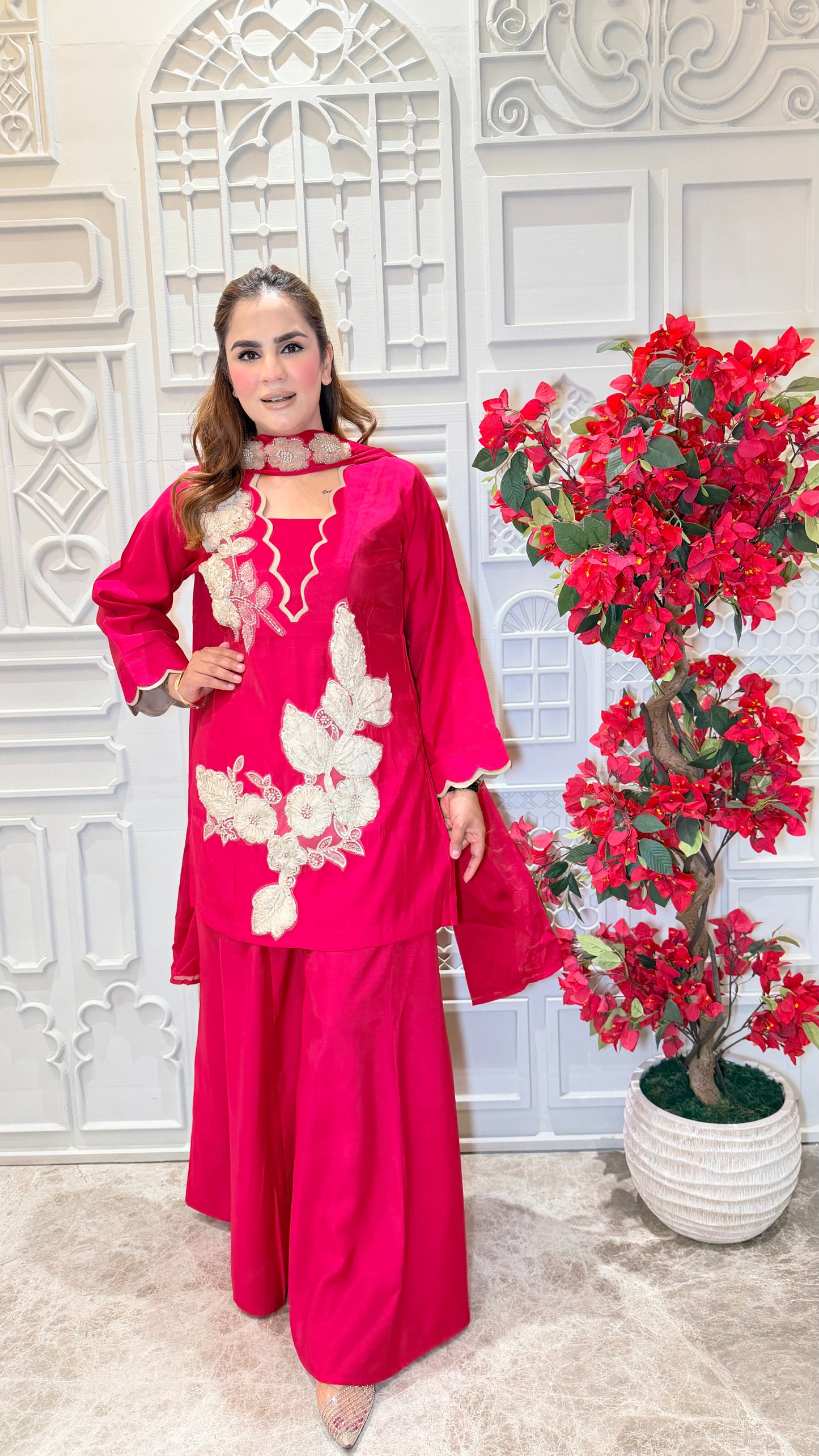 Beautiful three-piece ethnic set features striking white floral work PC3602