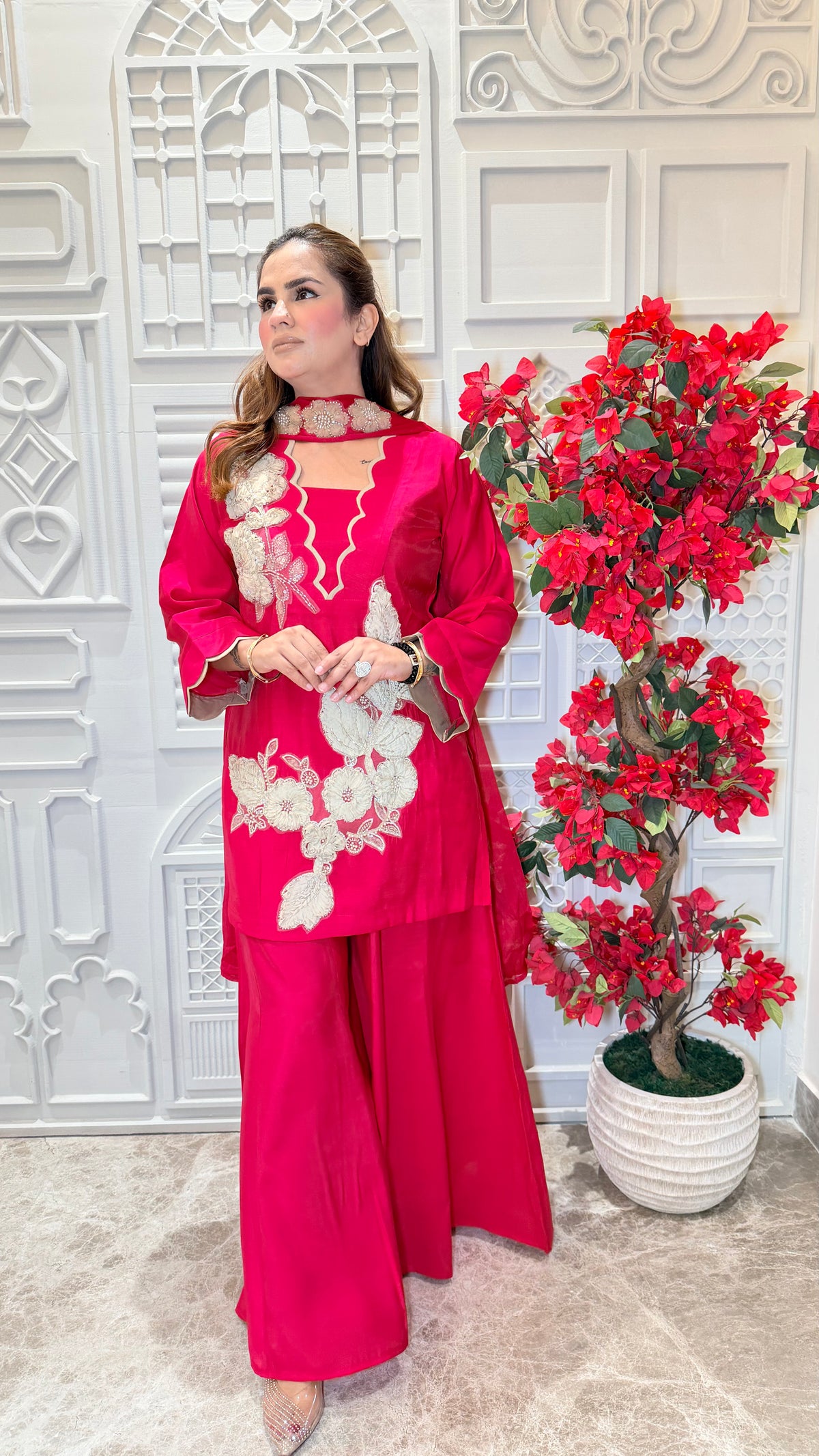 Beautiful three-piece ethnic set features striking white floral work PC3602