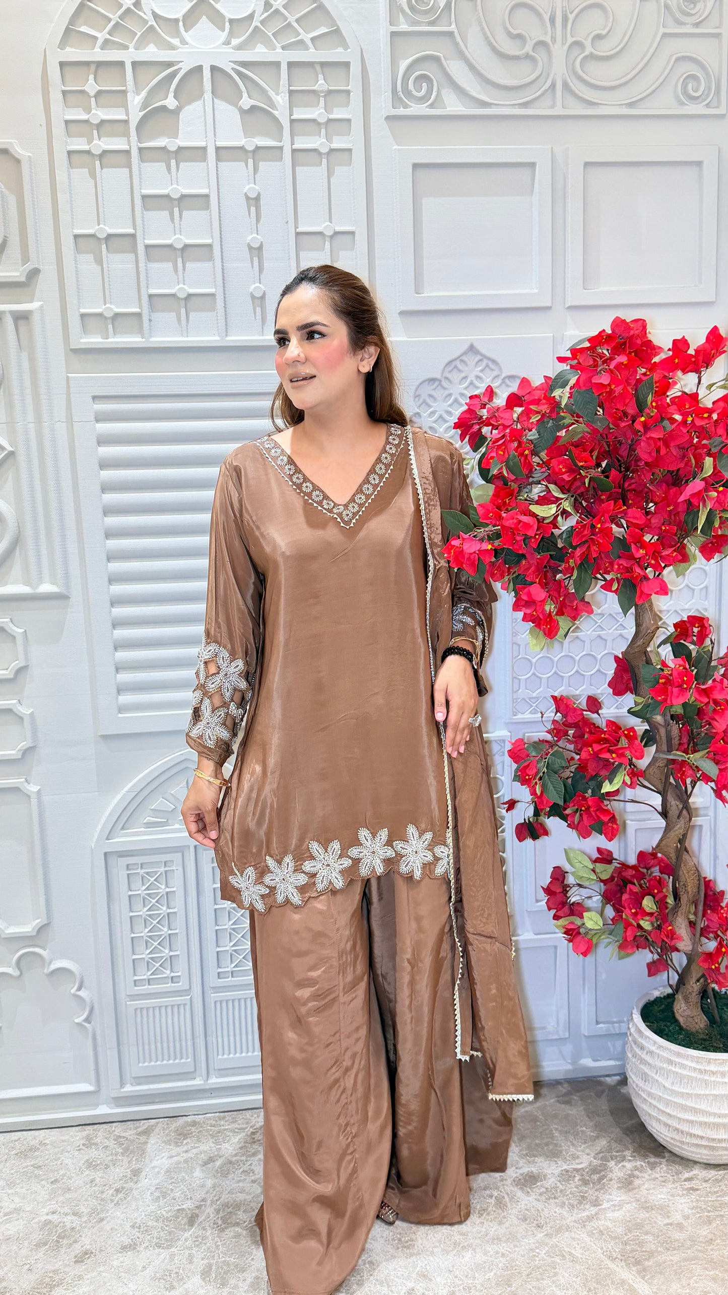 Beautiful silk crepe embroidered kurta set paired with matching palazzos and a dupatta PC3604