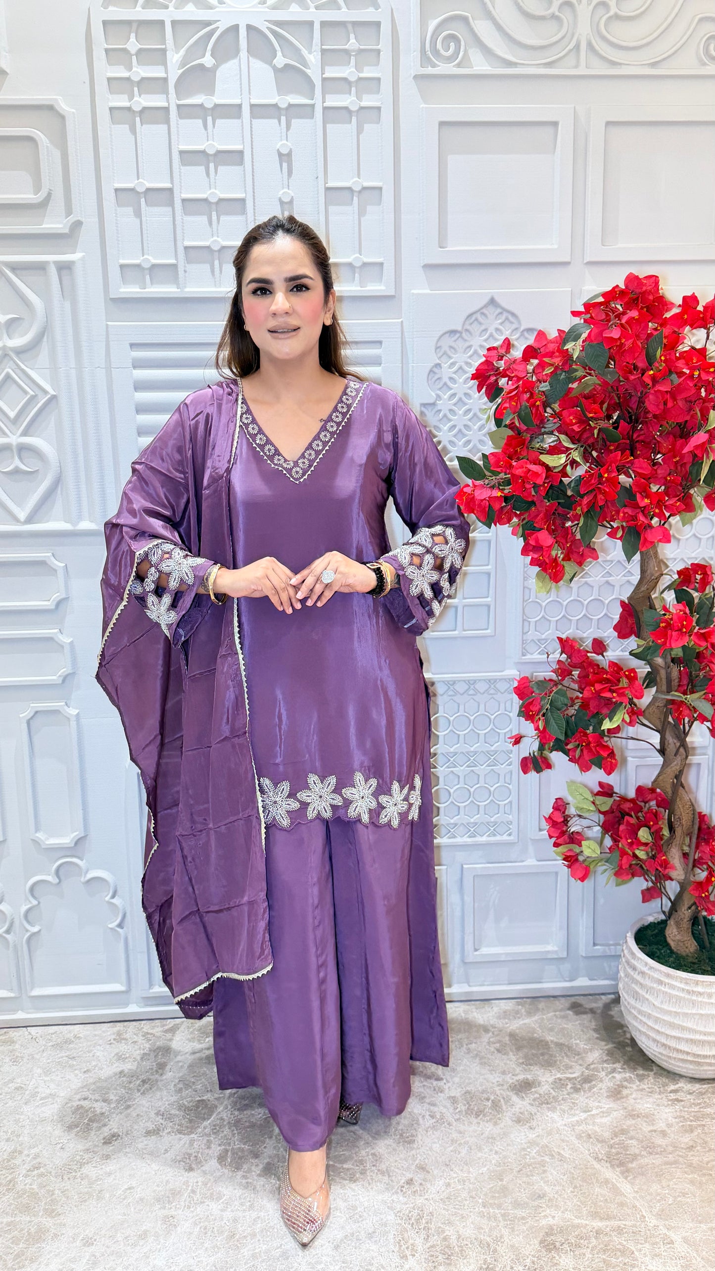 Beautiful silk crepe embroidered kurta set paired with matching palazzos and a dupatta PC3604
