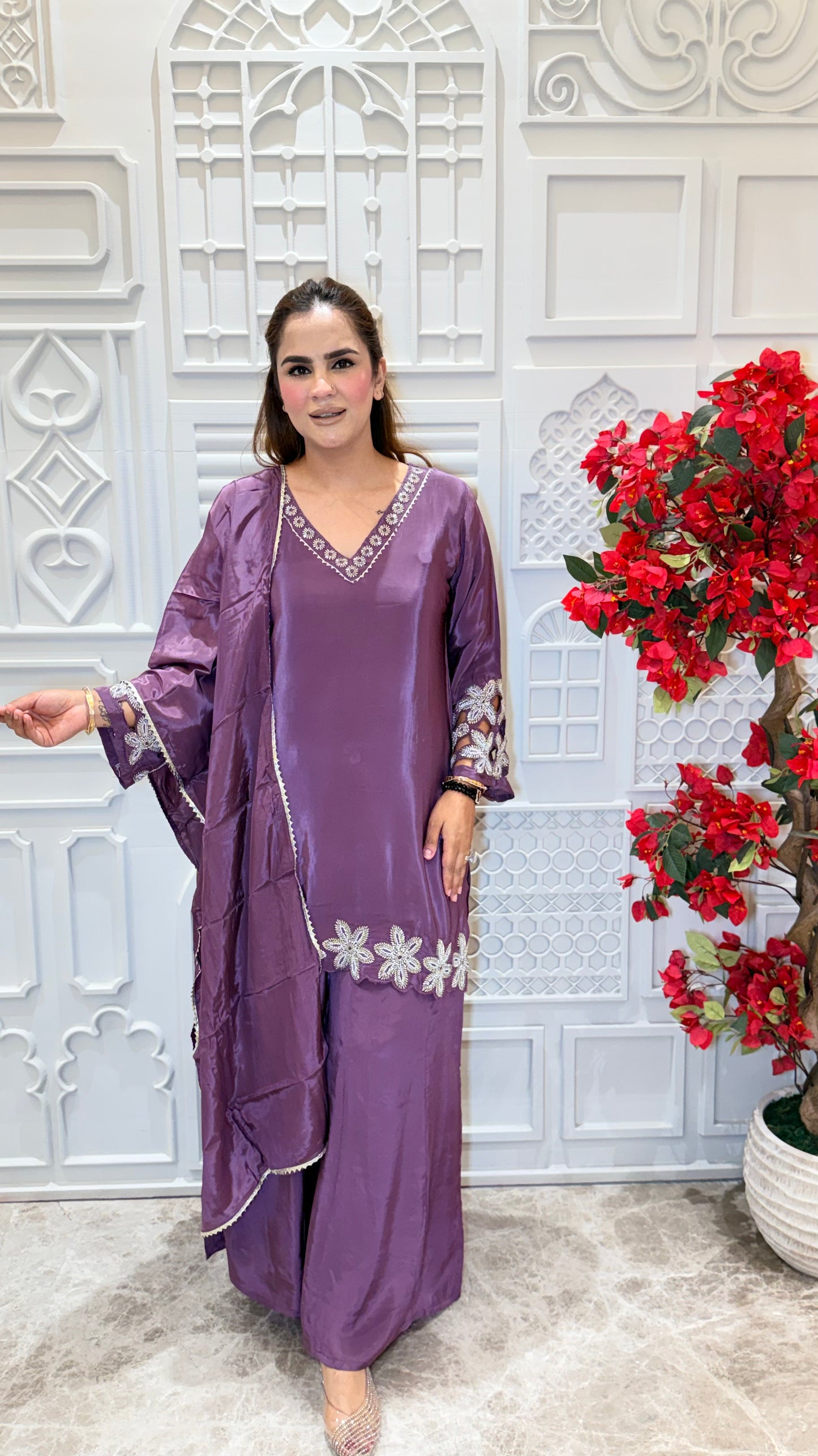 Beautiful silk crepe embroidered kurta set paired with matching palazzos and a dupatta PC3604