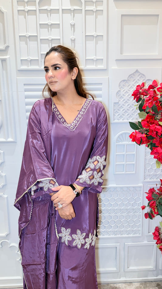 Beautiful silk crepe embroidered kurta set paired with matching palazzos and a dupatta PC3604