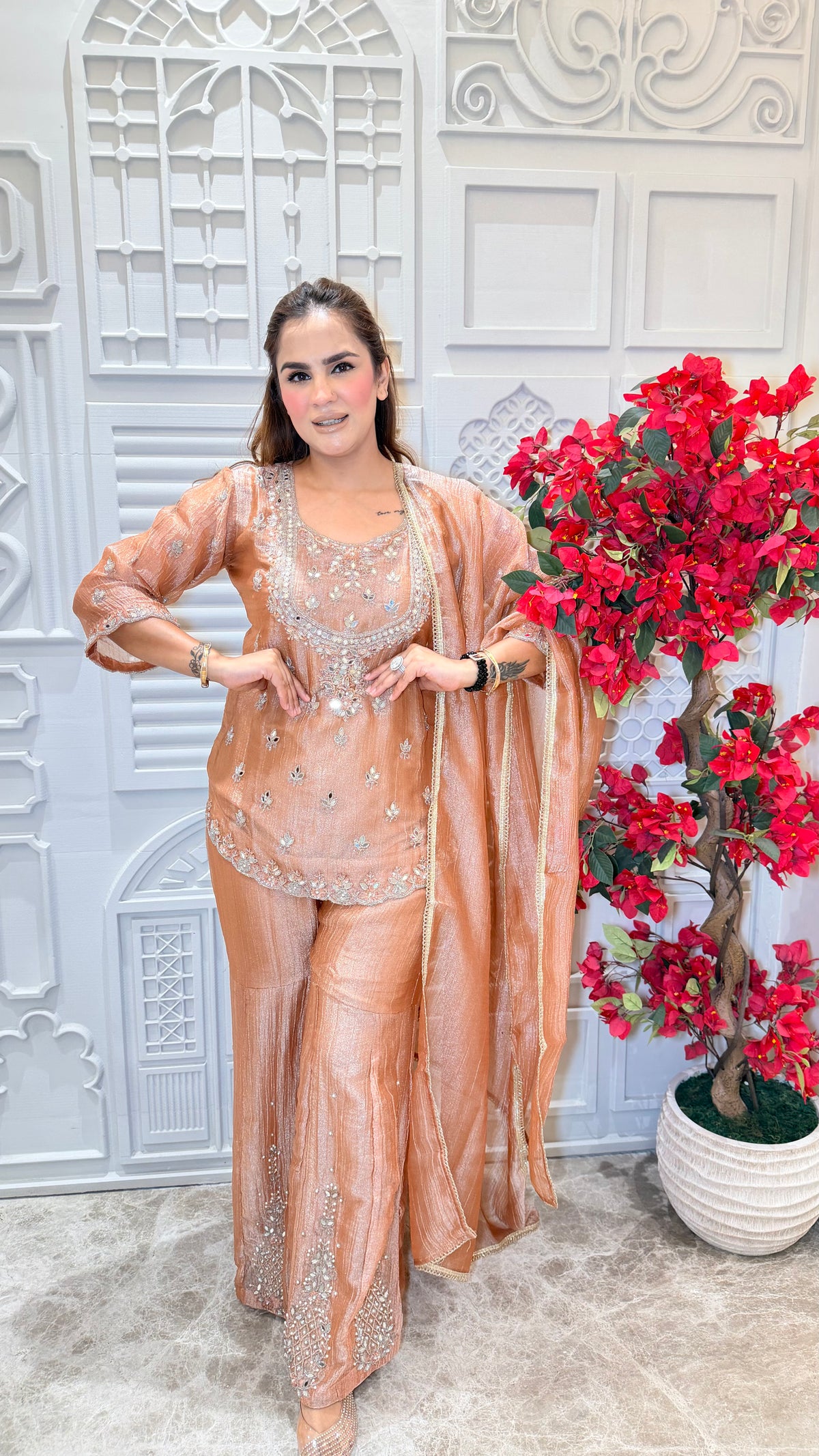 Beautiful embroidered kurta, palazzo, and dupatta set PC3605