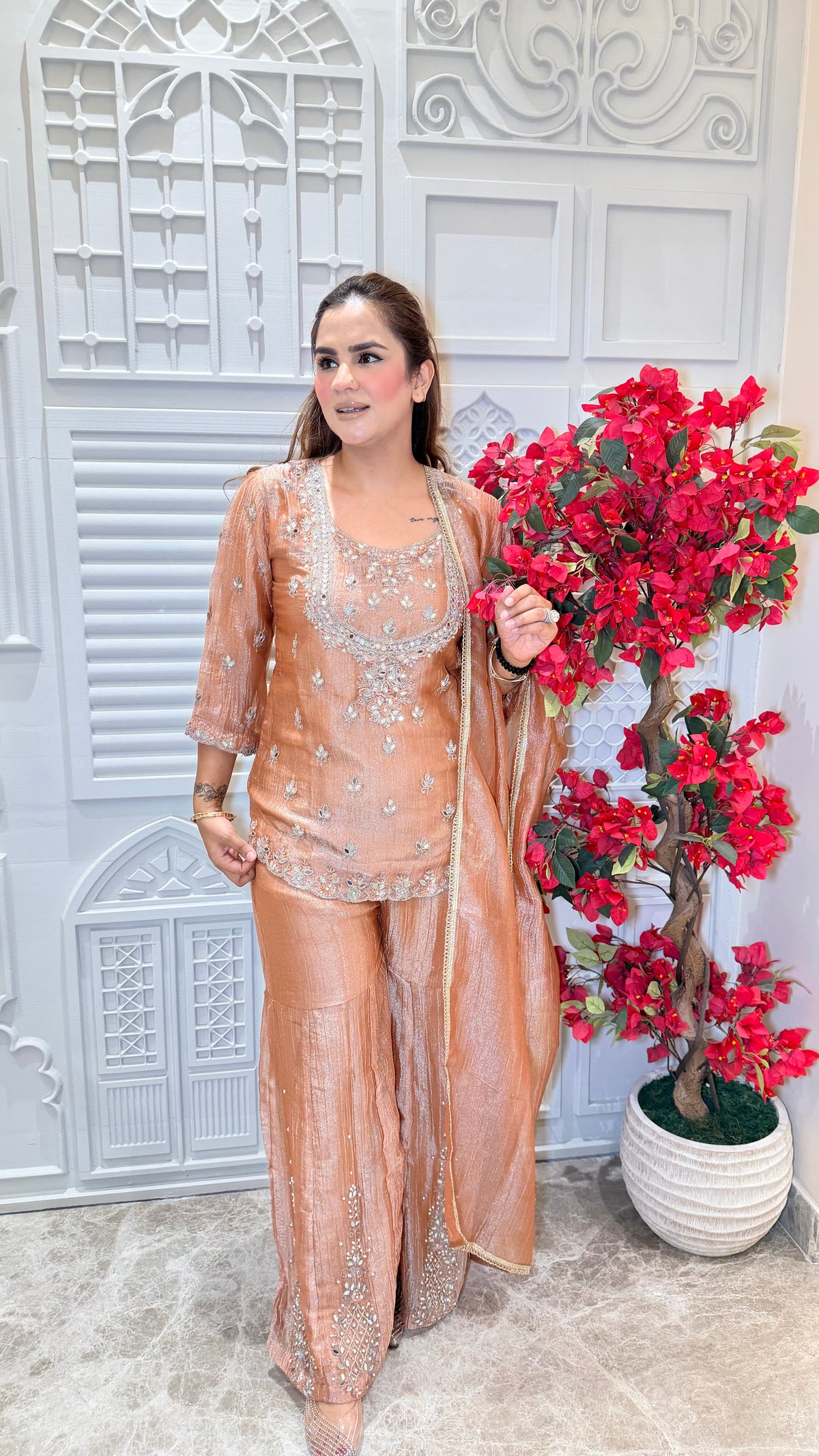 Beautiful embroidered kurta, palazzo, and dupatta set PC3605