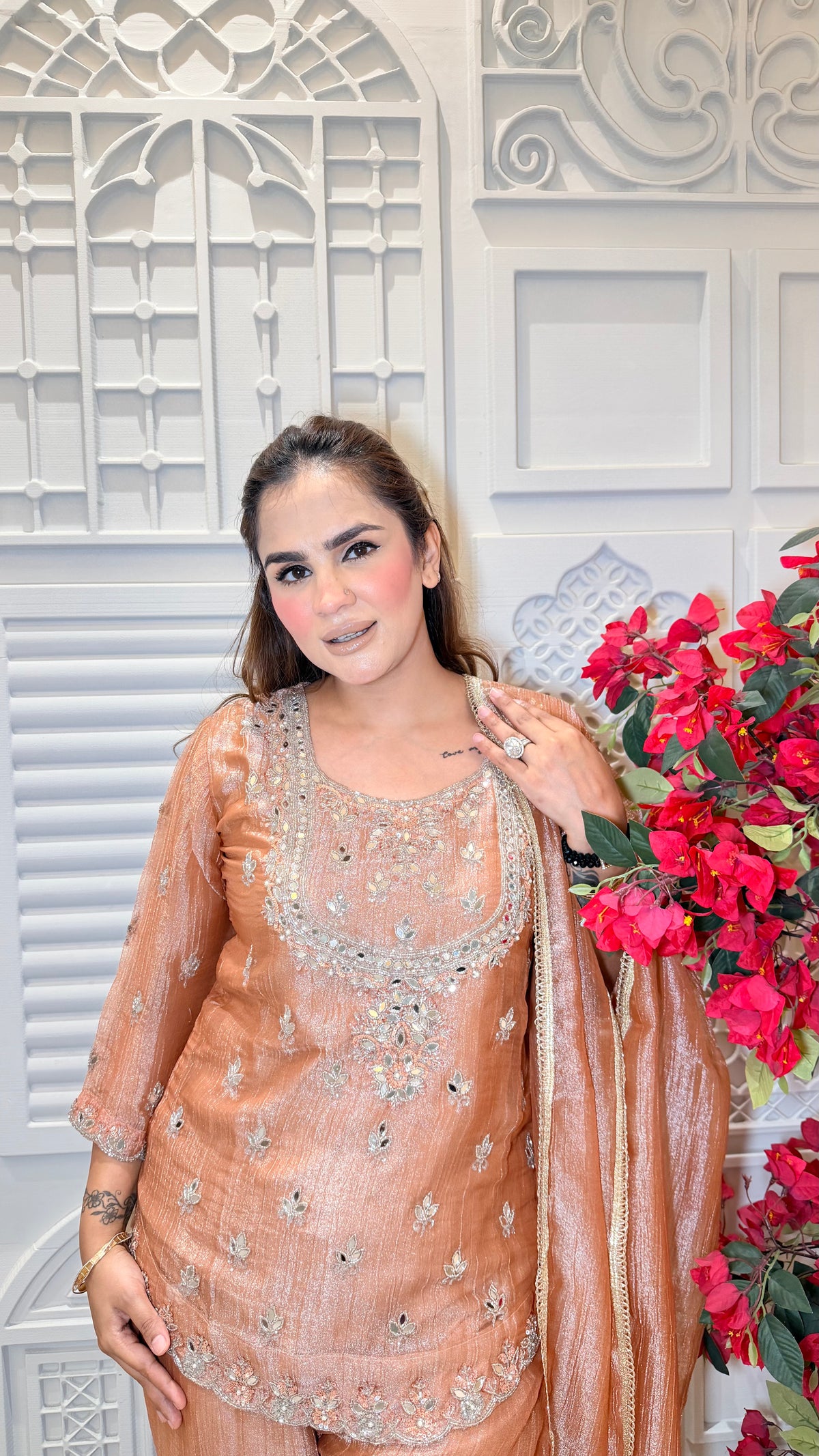 Beautiful embroidered kurta, palazzo, and dupatta set PC3605