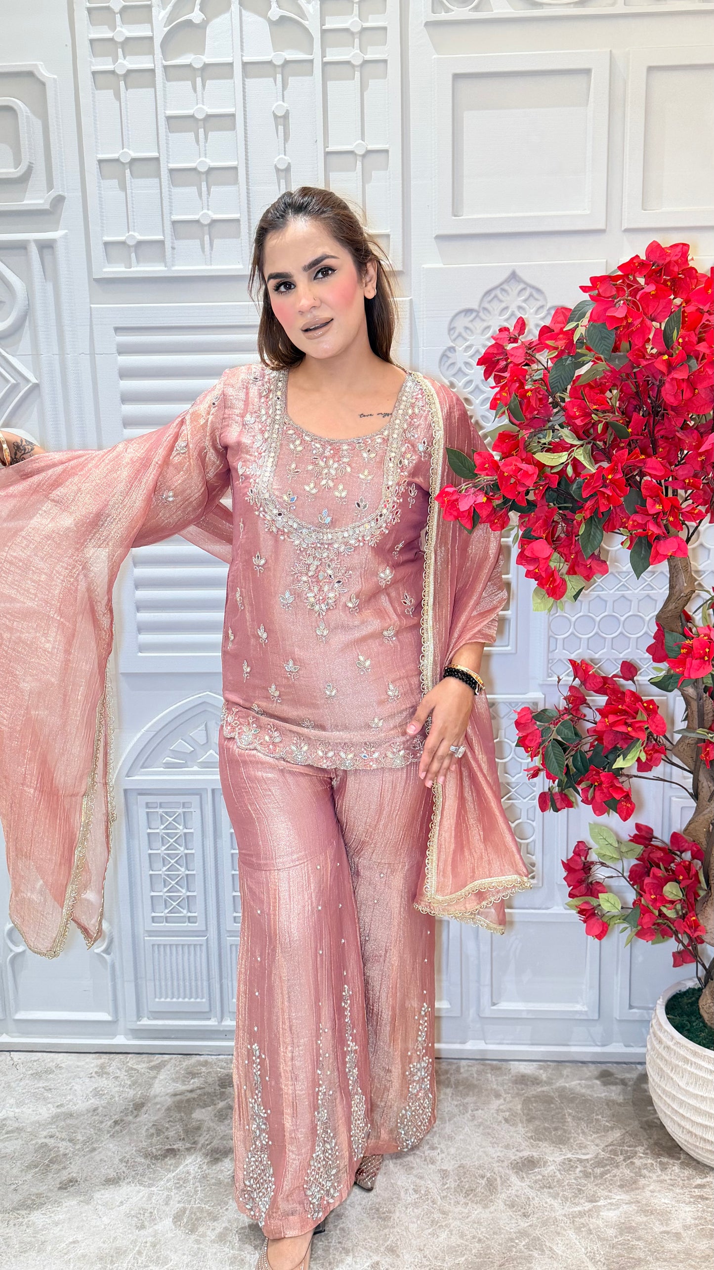 Beautiful embroidered kurta, palazzo, and dupatta set PC3605