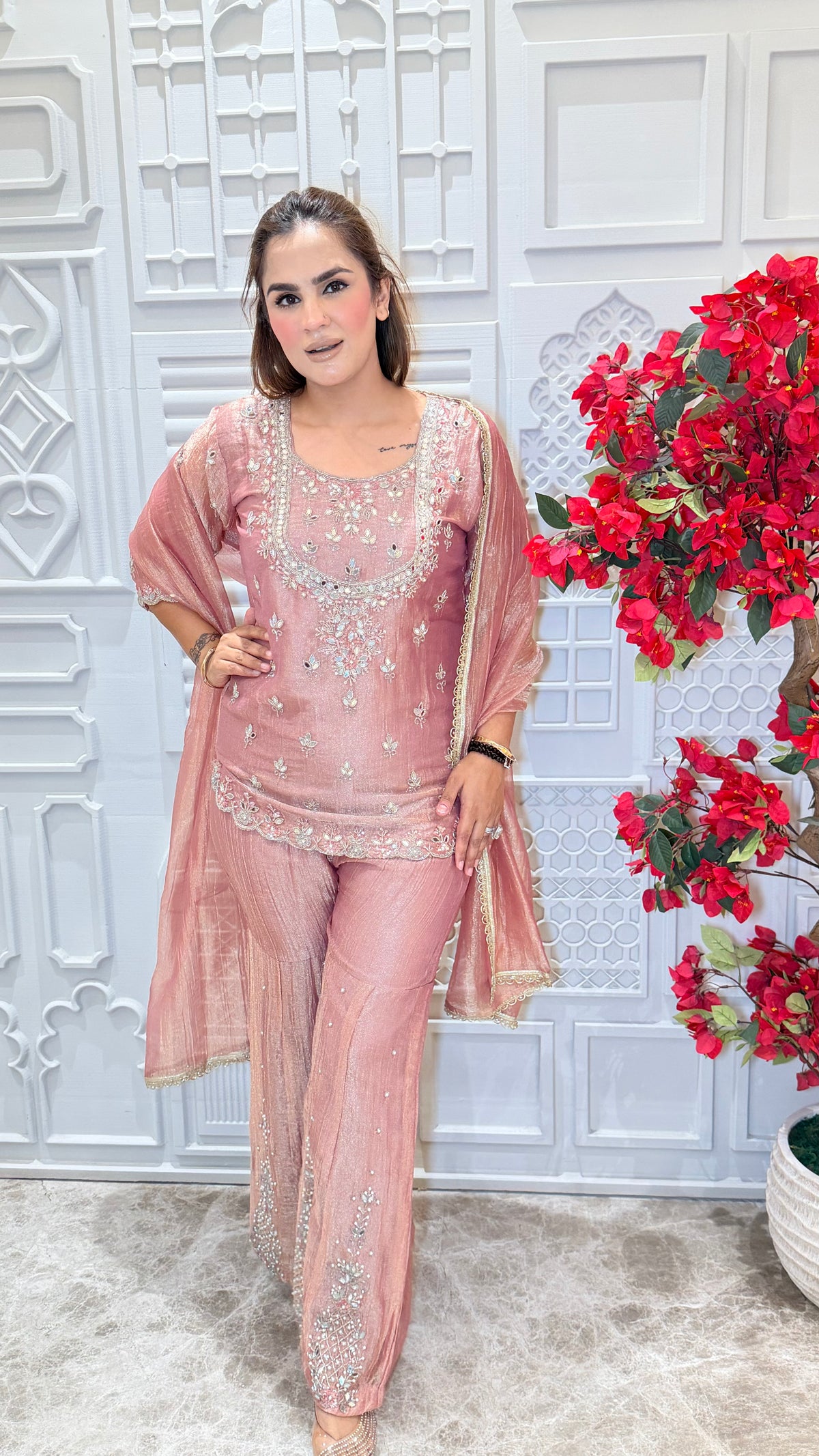 Beautiful embroidered kurta, palazzo, and dupatta set PC3605
