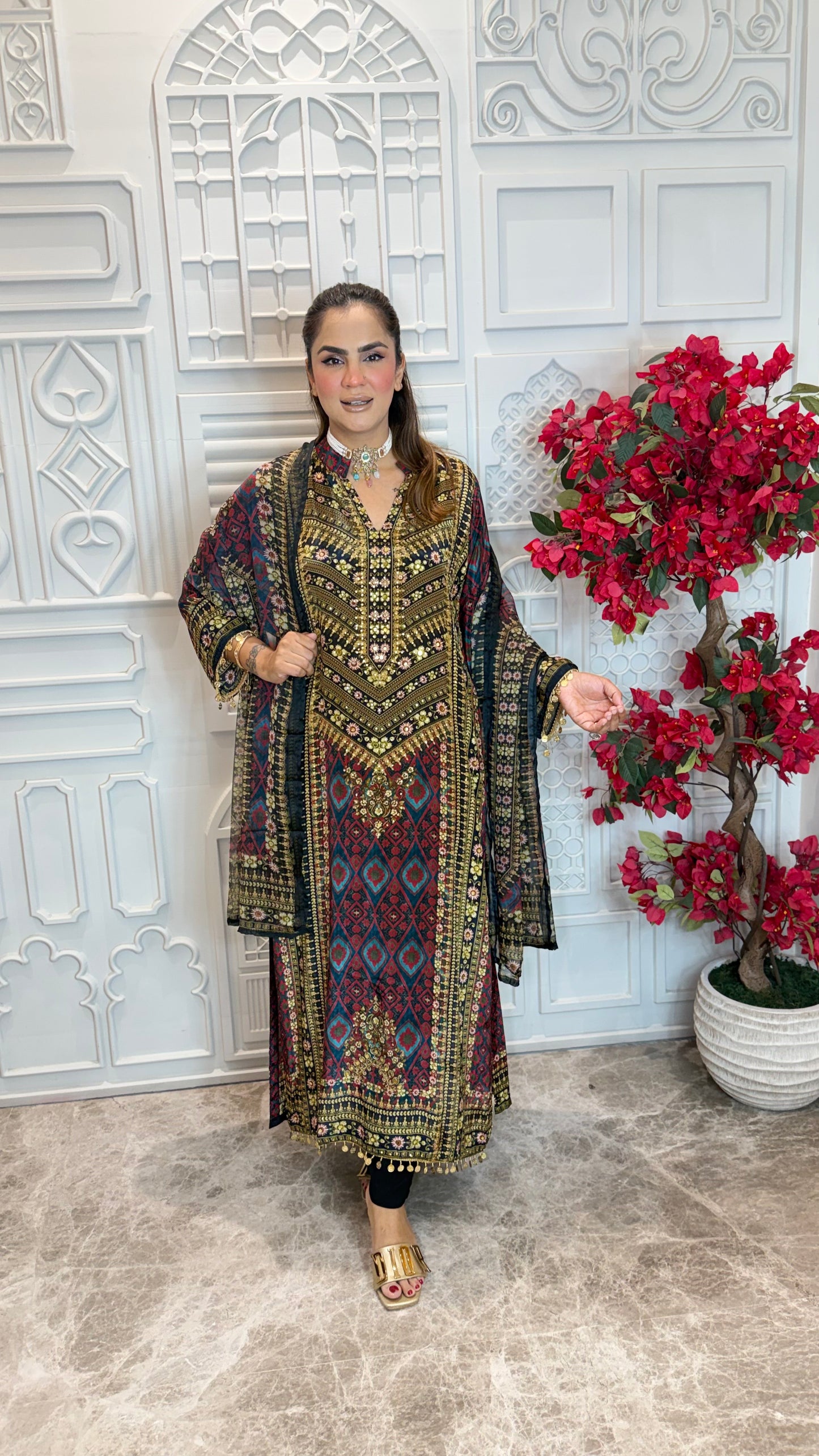 Beautiful patterned printed long kurta set pc3608