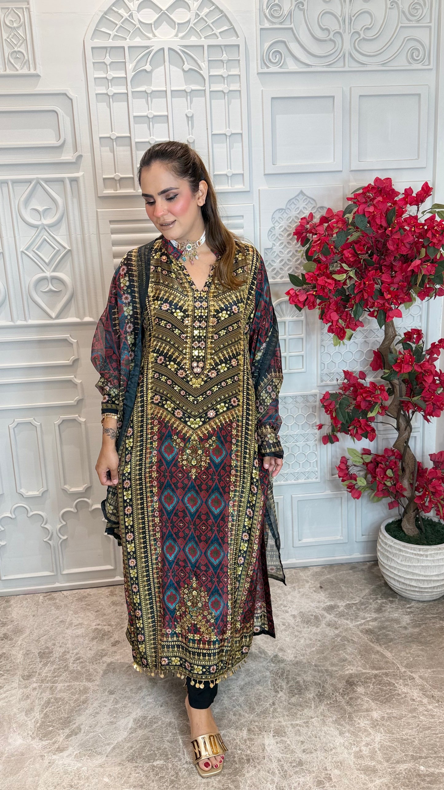 Beautiful patterned printed long kurta set pc3608