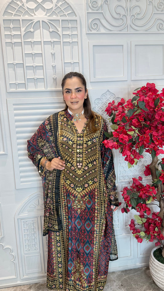 Beautiful patterned printed long kurta set pc3608