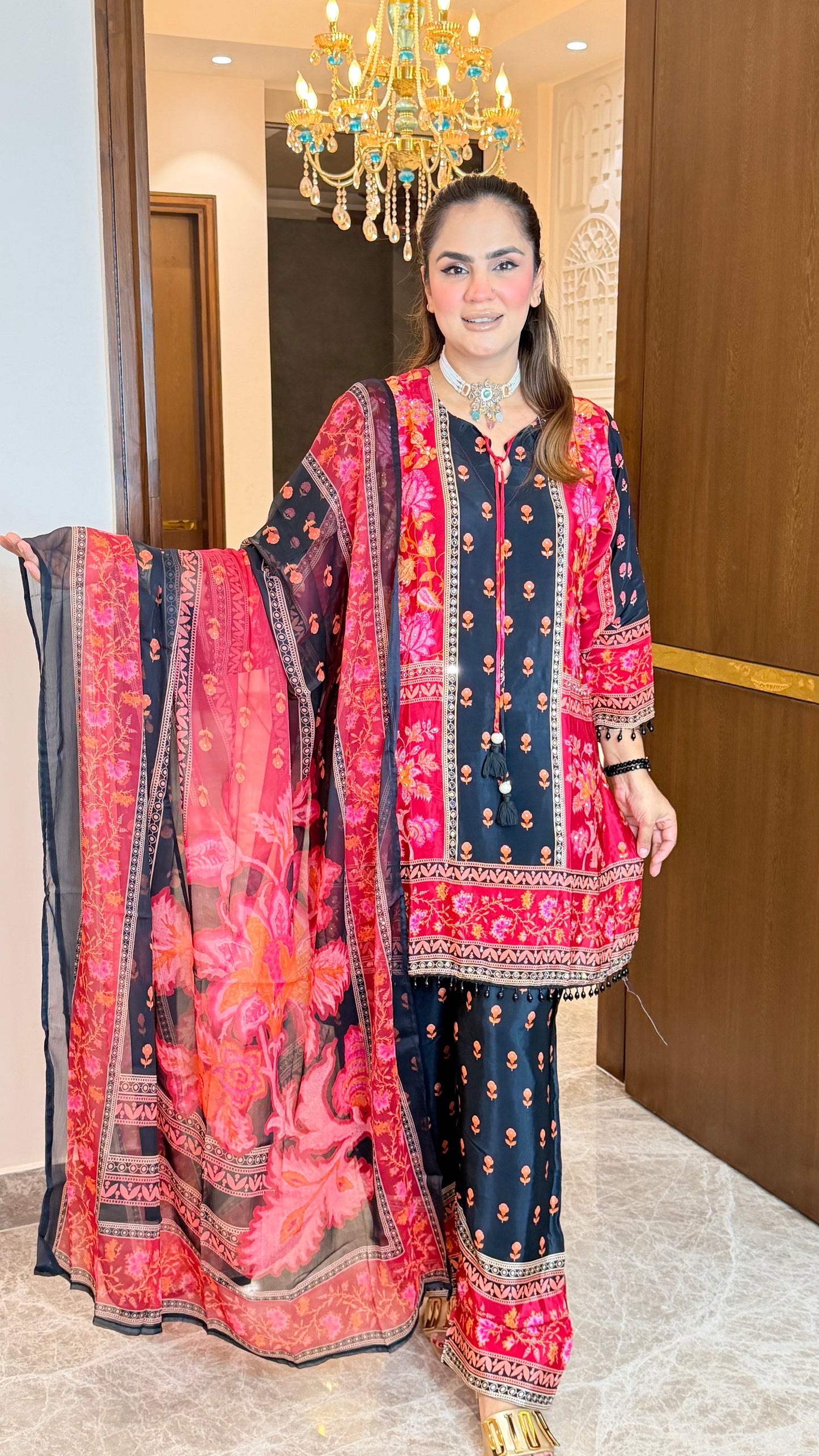 Beautiful black and pink printed pure crepe suit pc3609