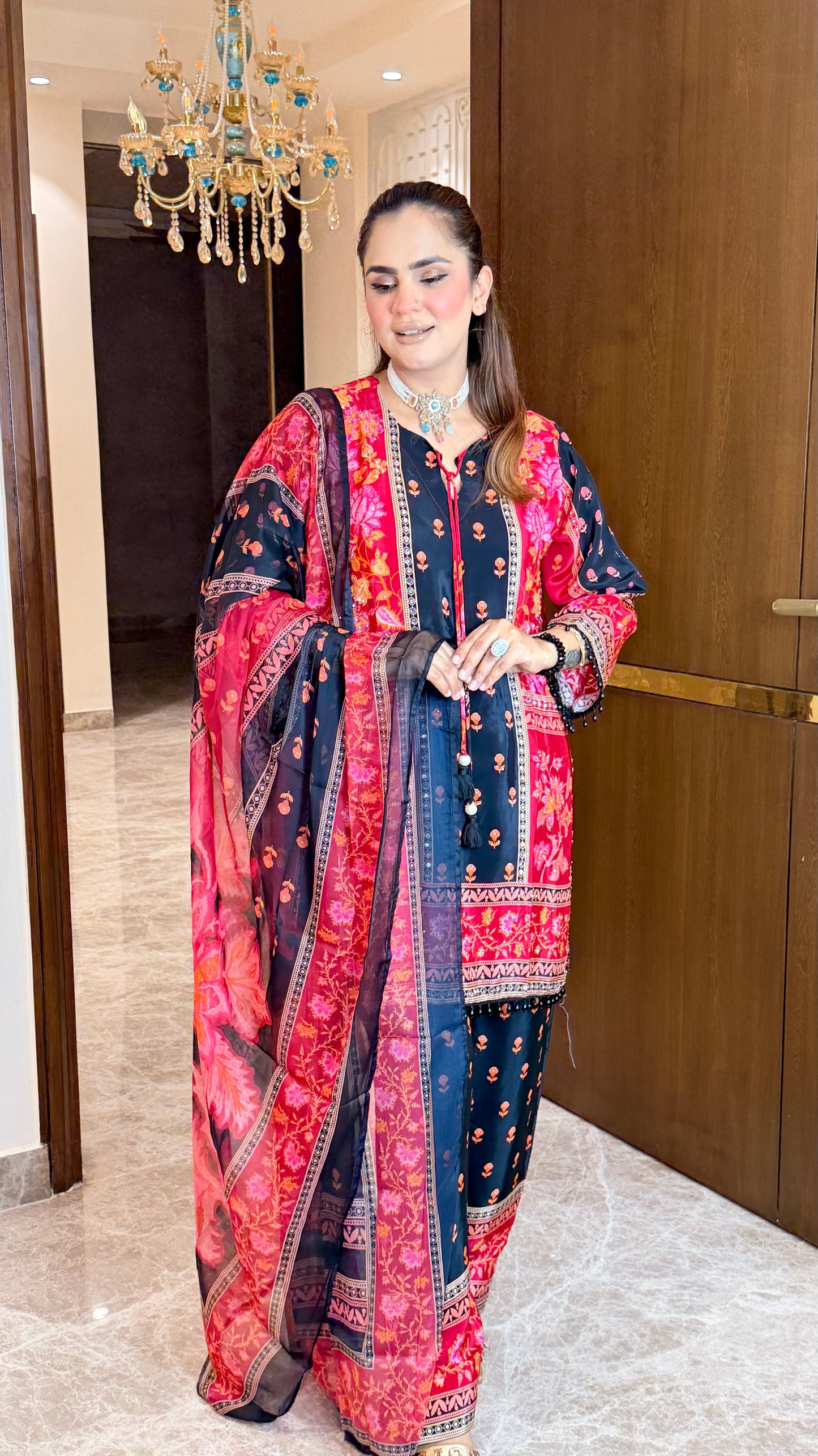 Beautiful black and pink printed pure crepe suit pc3609