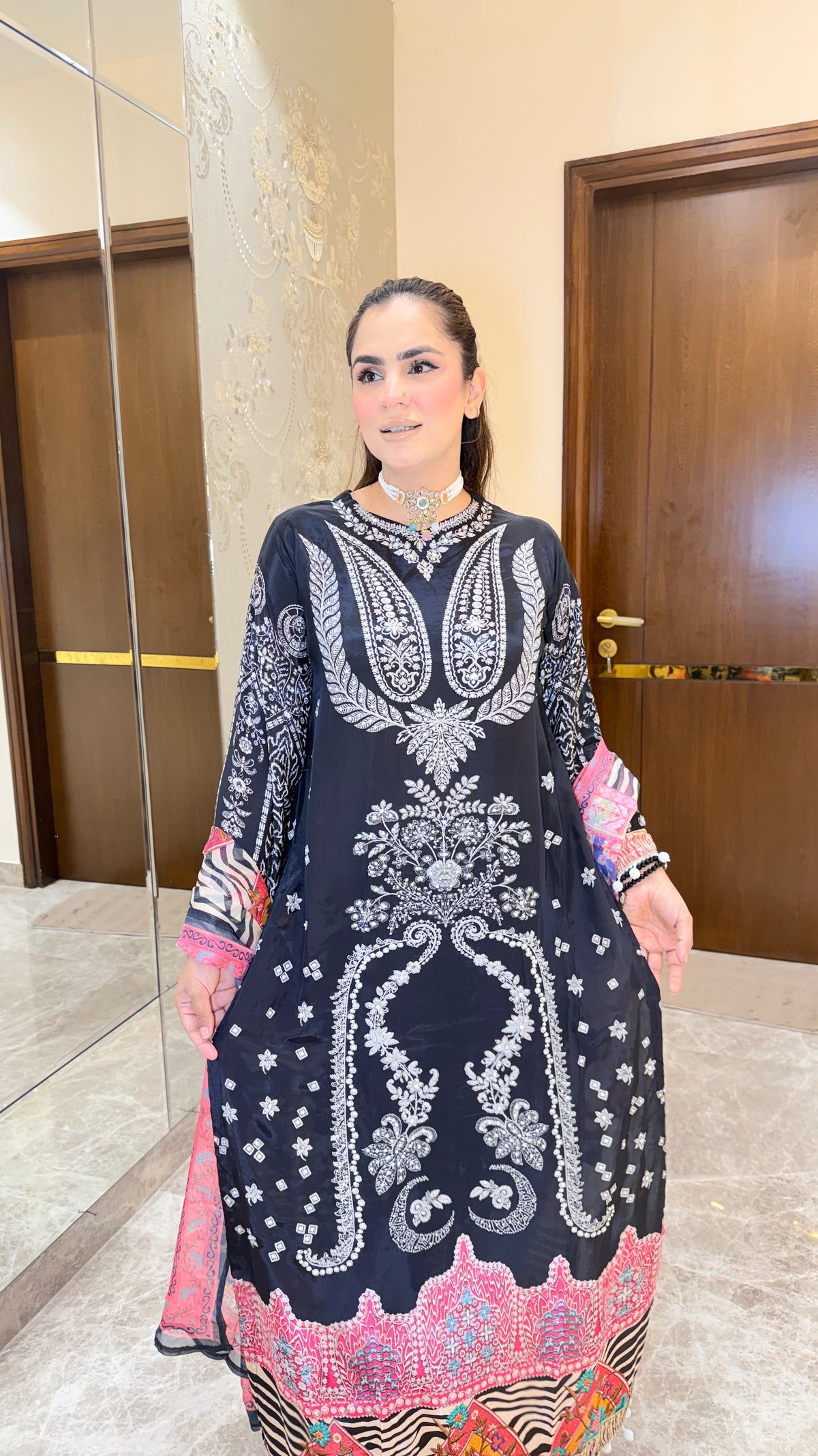 Beautiful black embroidered long kurta pc3610