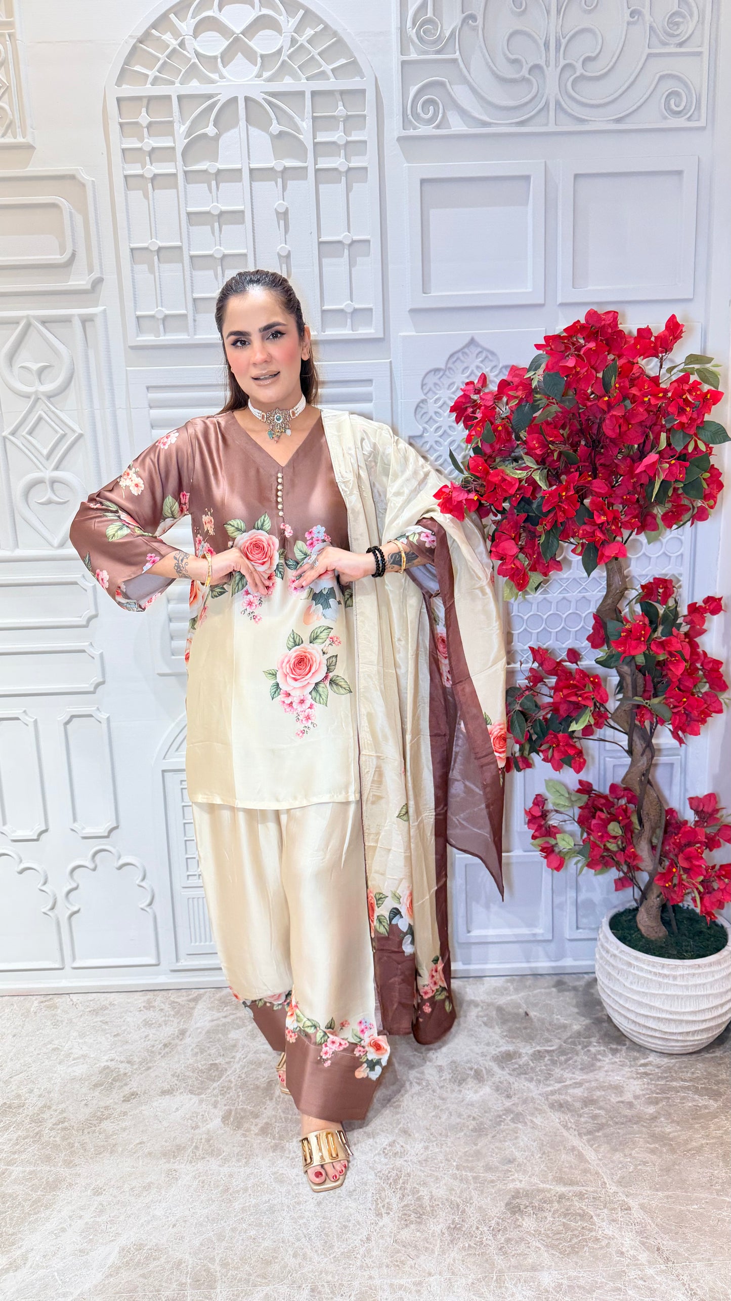 Beautiful cream and brown modal satin digital-printed farshi salwar kameez set pc3611