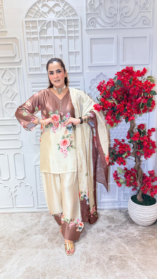 Beautiful cream and brown modal satin digital-printed farshi salwar kameez set pc3611