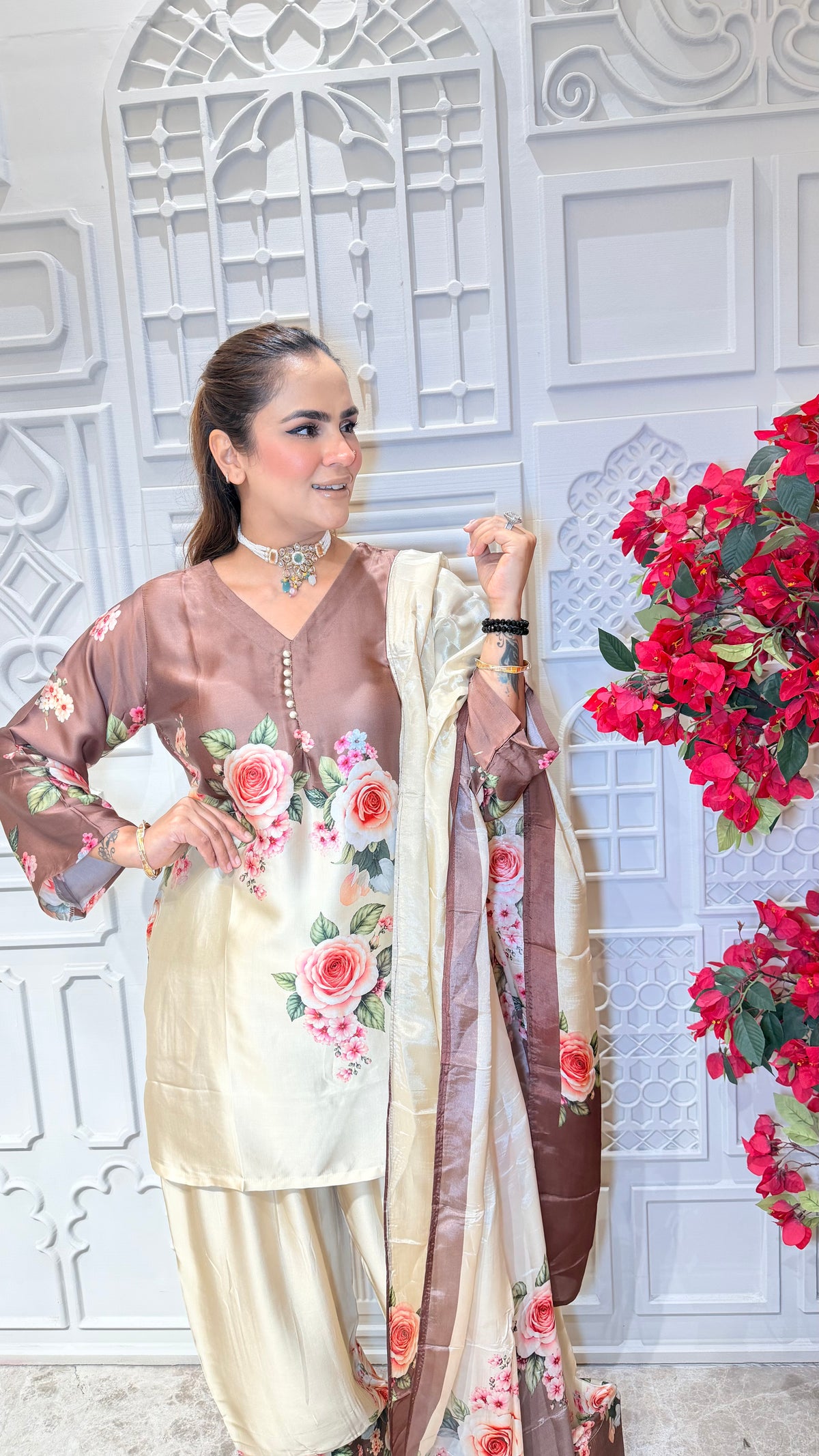 Beautiful cream and brown modal satin digital-printed farshi salwar kameez set pc3611