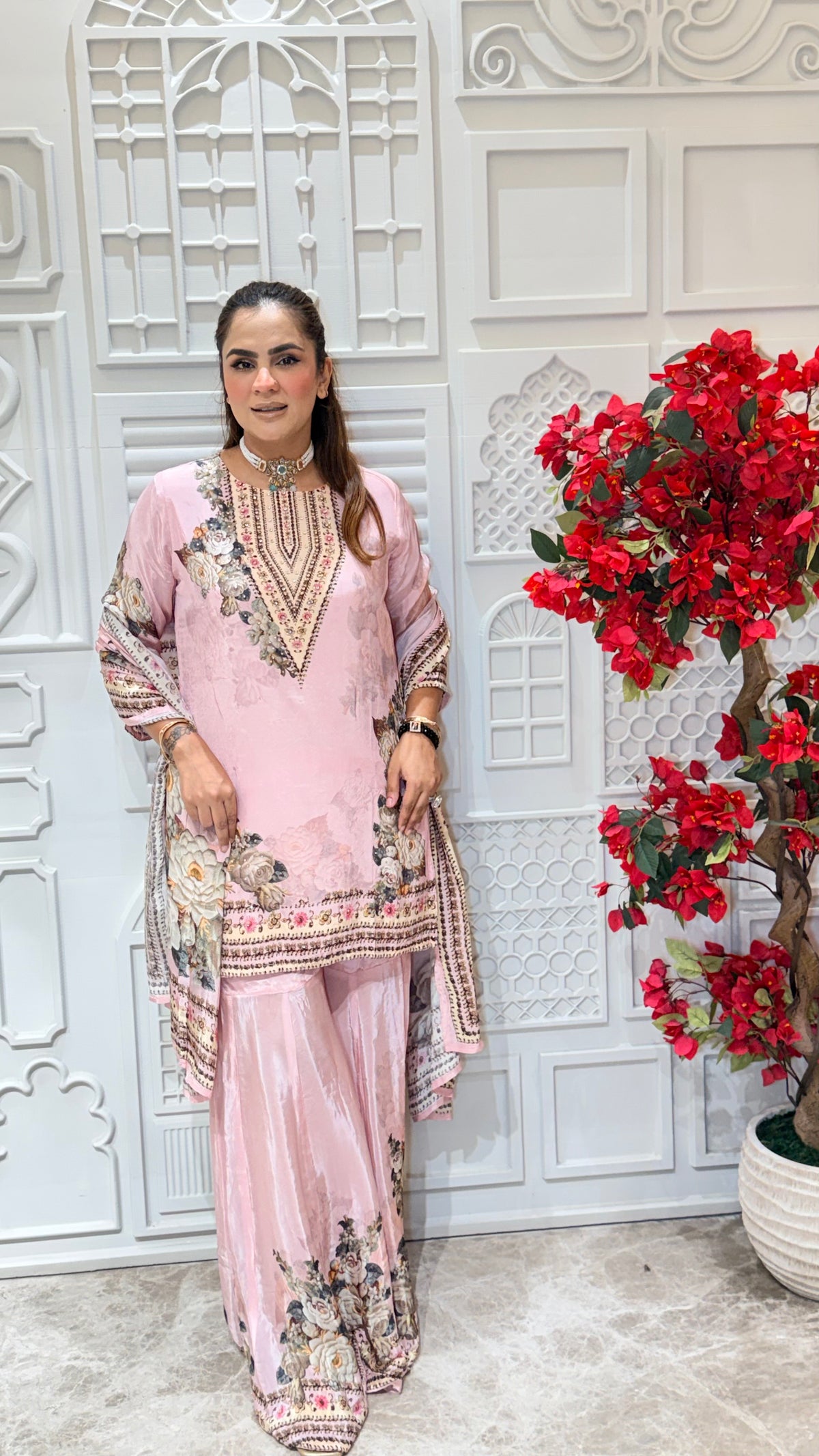 Beautiful pastel pink floral printed sharara suit Pc3612