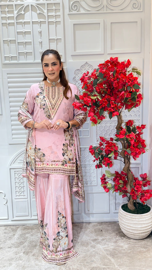 Beautiful pastel pink floral printed sharara suit Pc3612