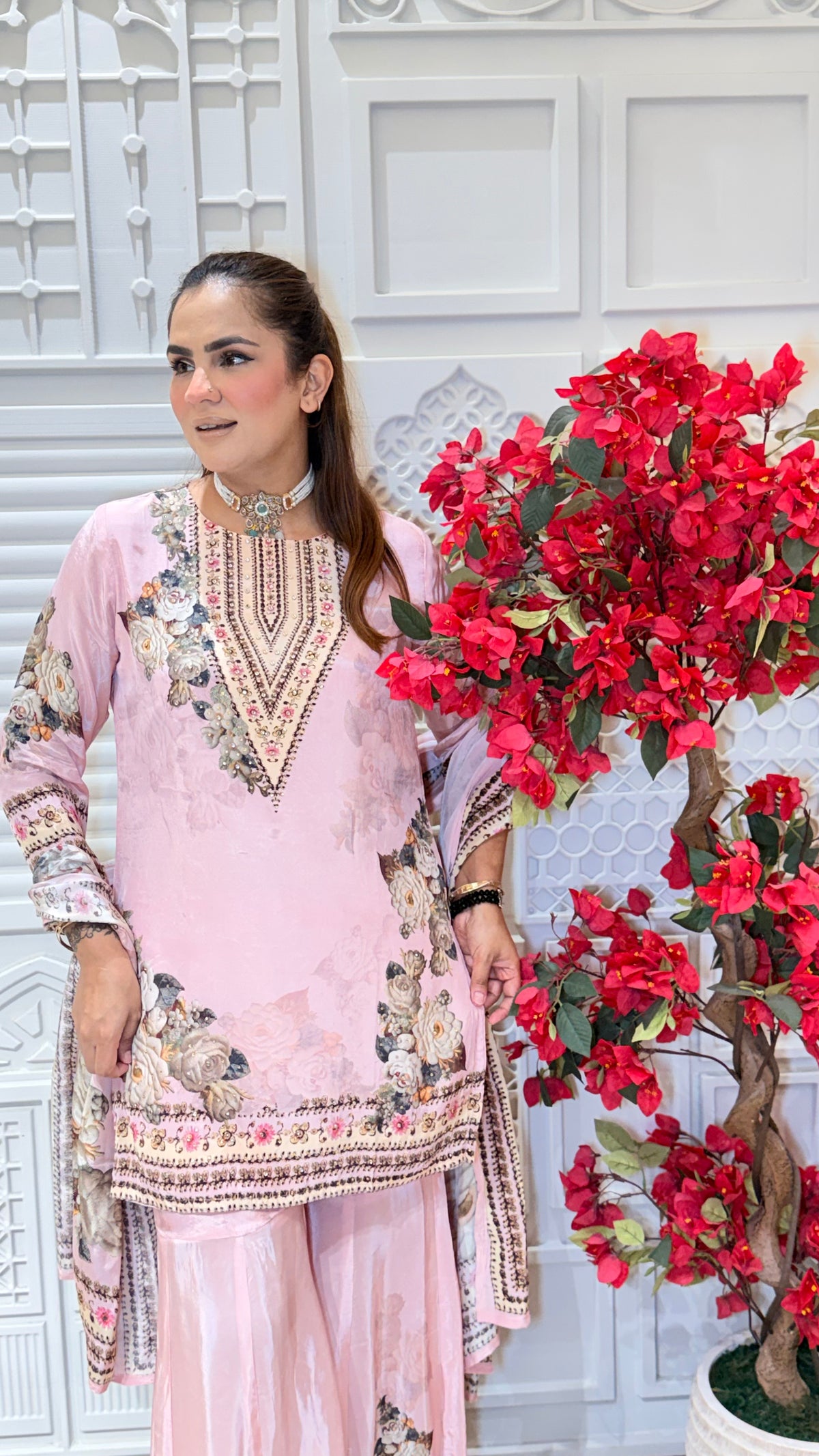 Beautiful pastel pink floral printed sharara suit Pc3612