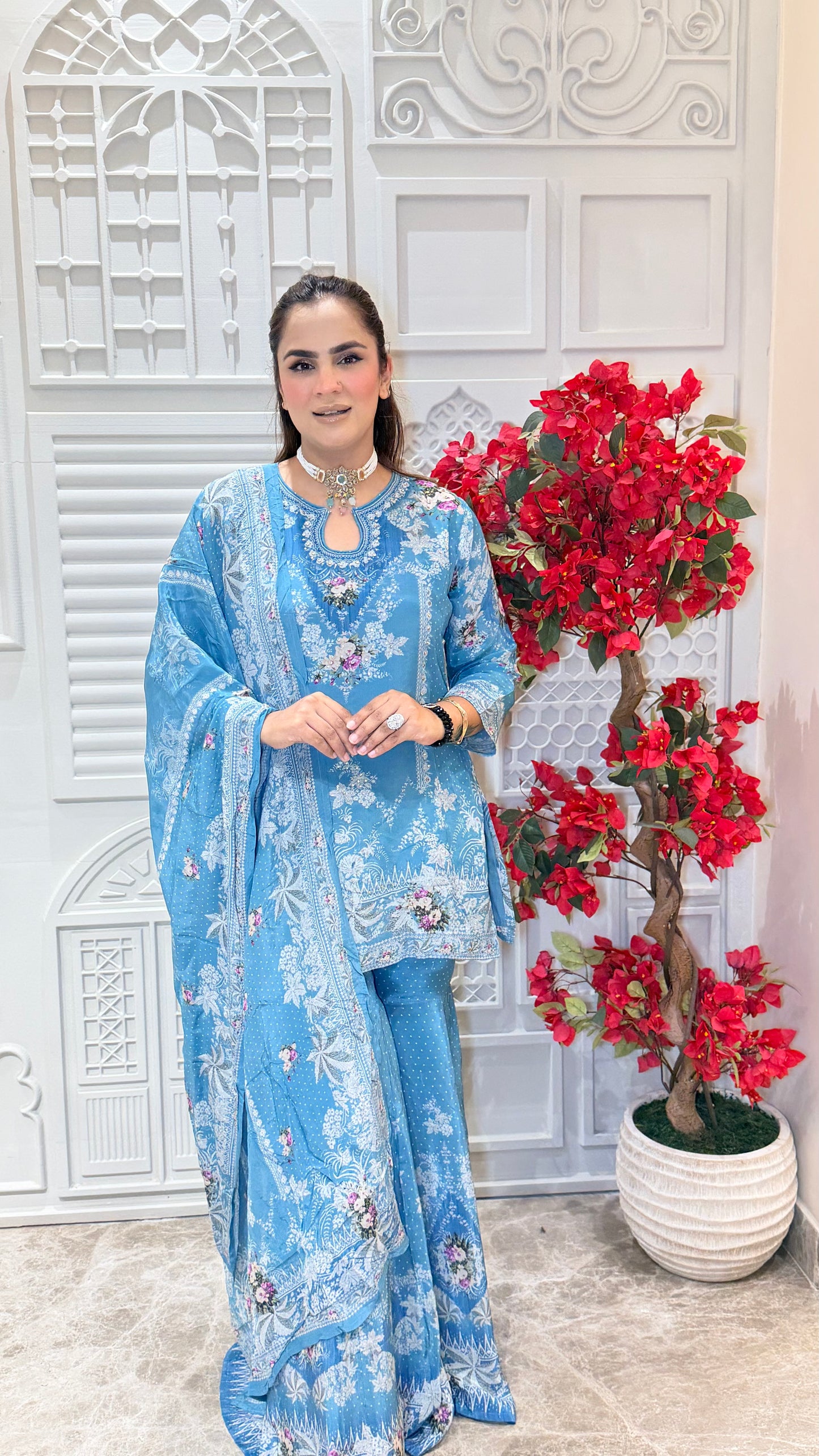 Beautiful light blue floral printed and embellished sharara kurta set Pc3613