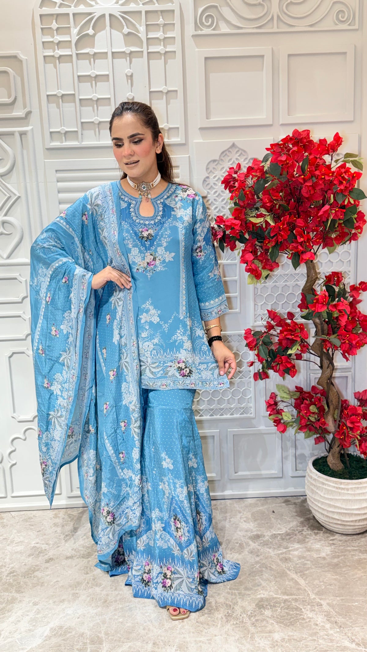 Beautiful light blue floral printed and embellished sharara kurta set Pc3613