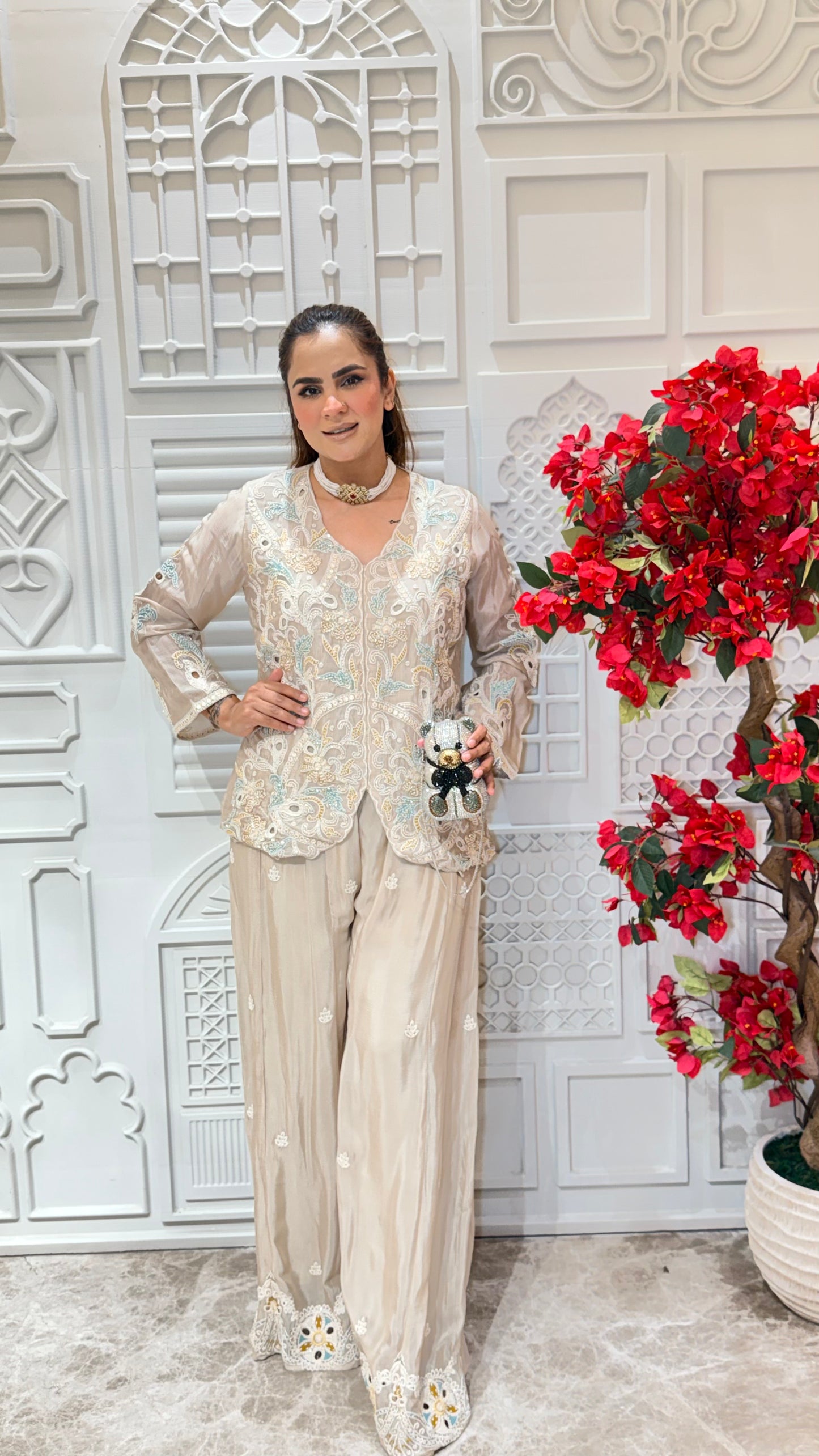 Beautiful pink embroidered jacket and matching palazzo pants set. Pc3615