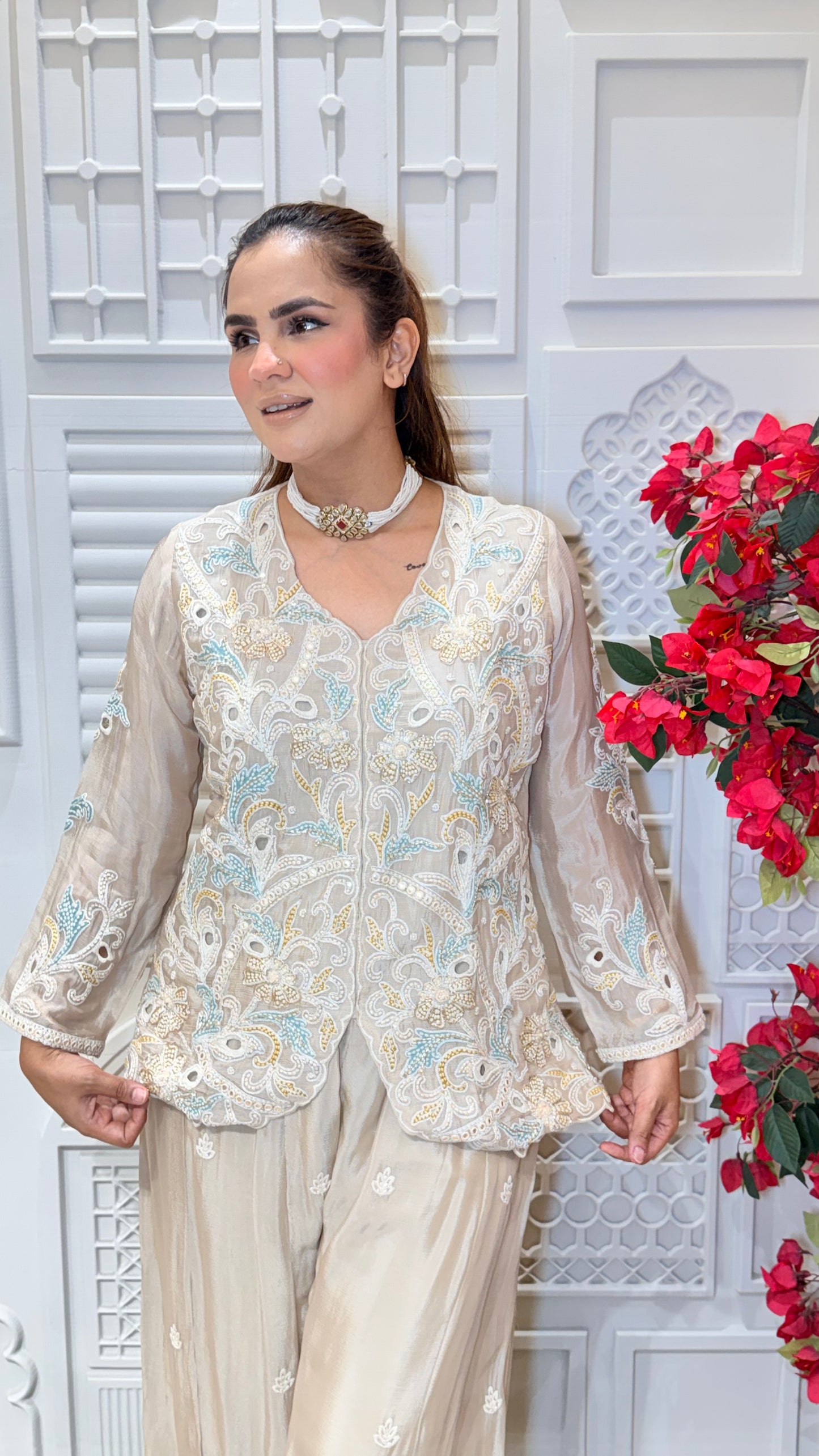 Beautiful pink embroidered jacket and matching palazzo pants set. Pc3615