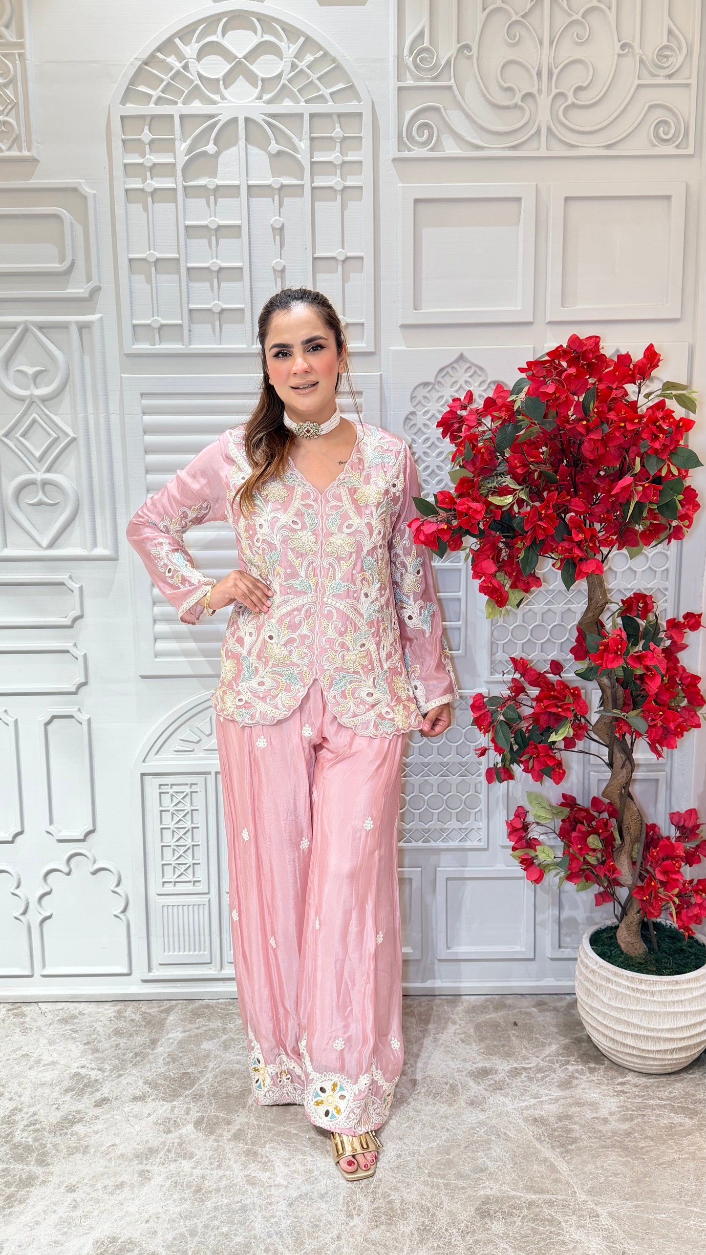 Beautiful pink embroidered jacket and matching palazzo pants set. Pc3615