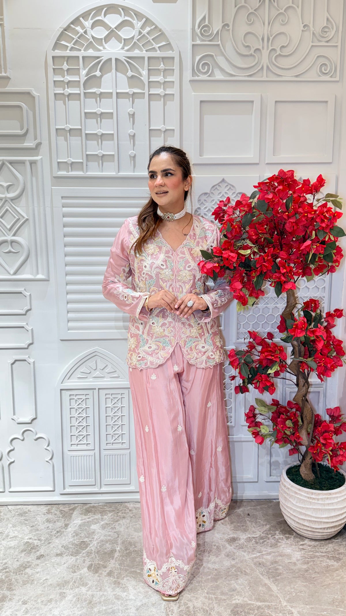 Beautiful pink embroidered jacket and matching palazzo pants set. Pc3615