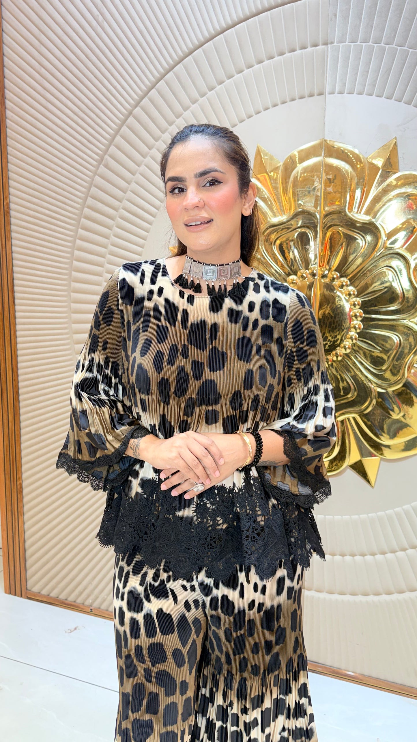 Beautiful brown and black leopard-print pleated co-ord set Pc3617