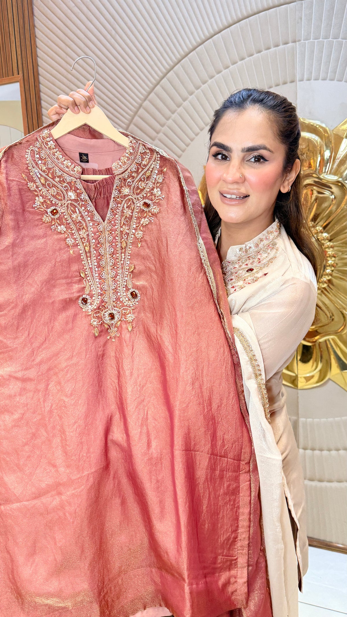 Elegant silk or crepe tunic and farshi salwar set Pc3618