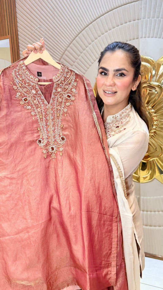 Elegant silk or crepe tunic and farshi salwar set Pc3618