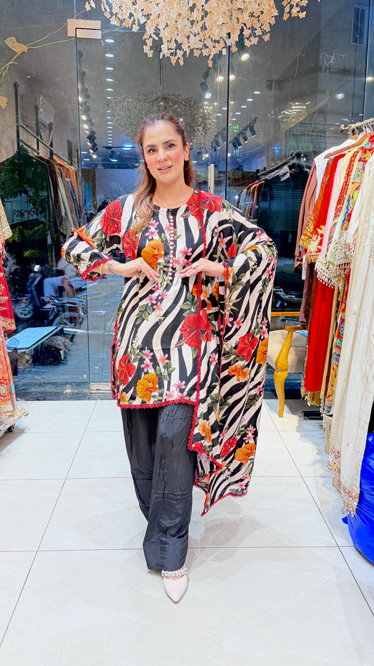 Elegant black and white zebra-striped tunic suits set Pc3623