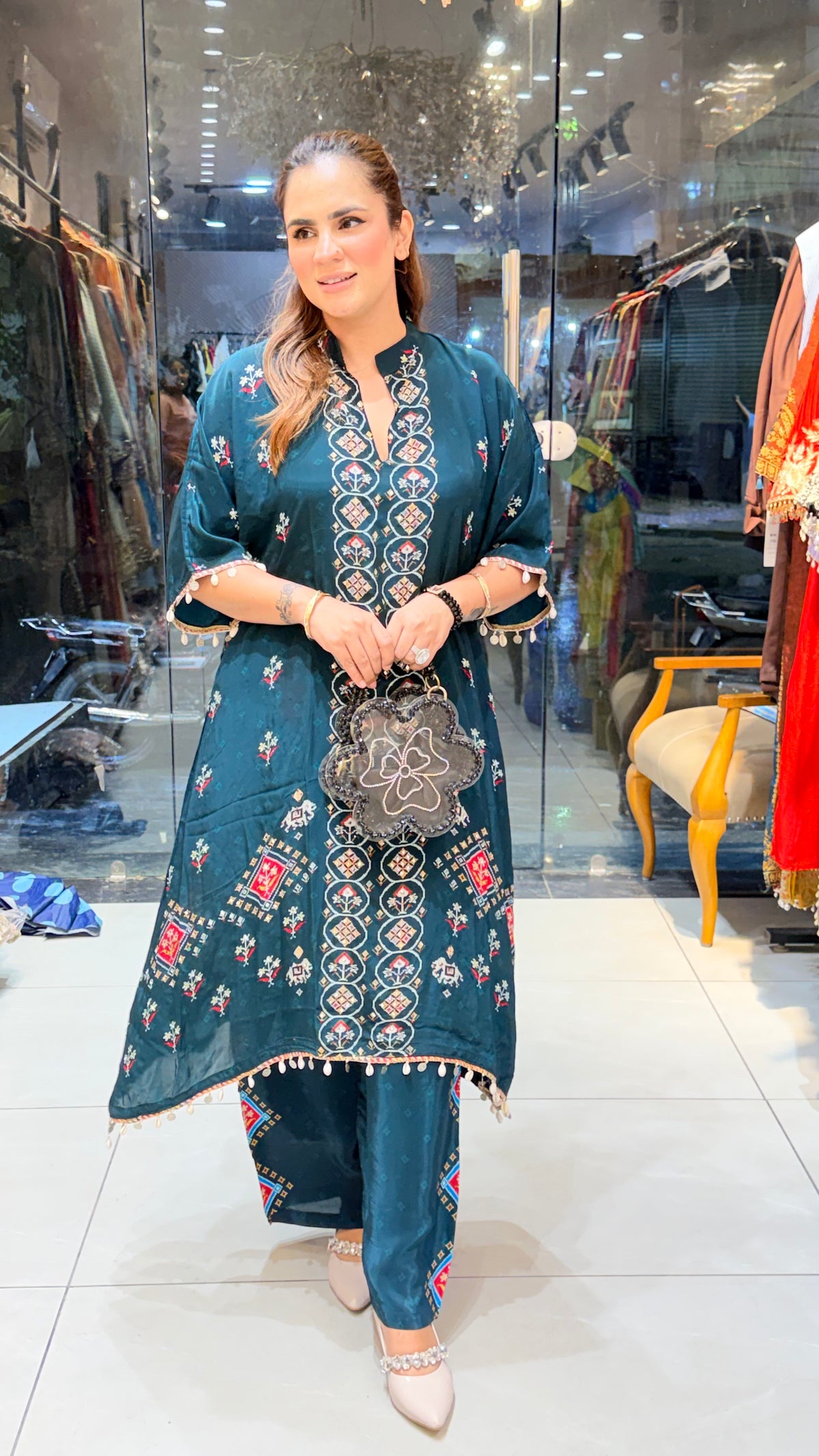 Elegant teal blue embroidered kaftan-style tunic and matching trousers set Pc3621