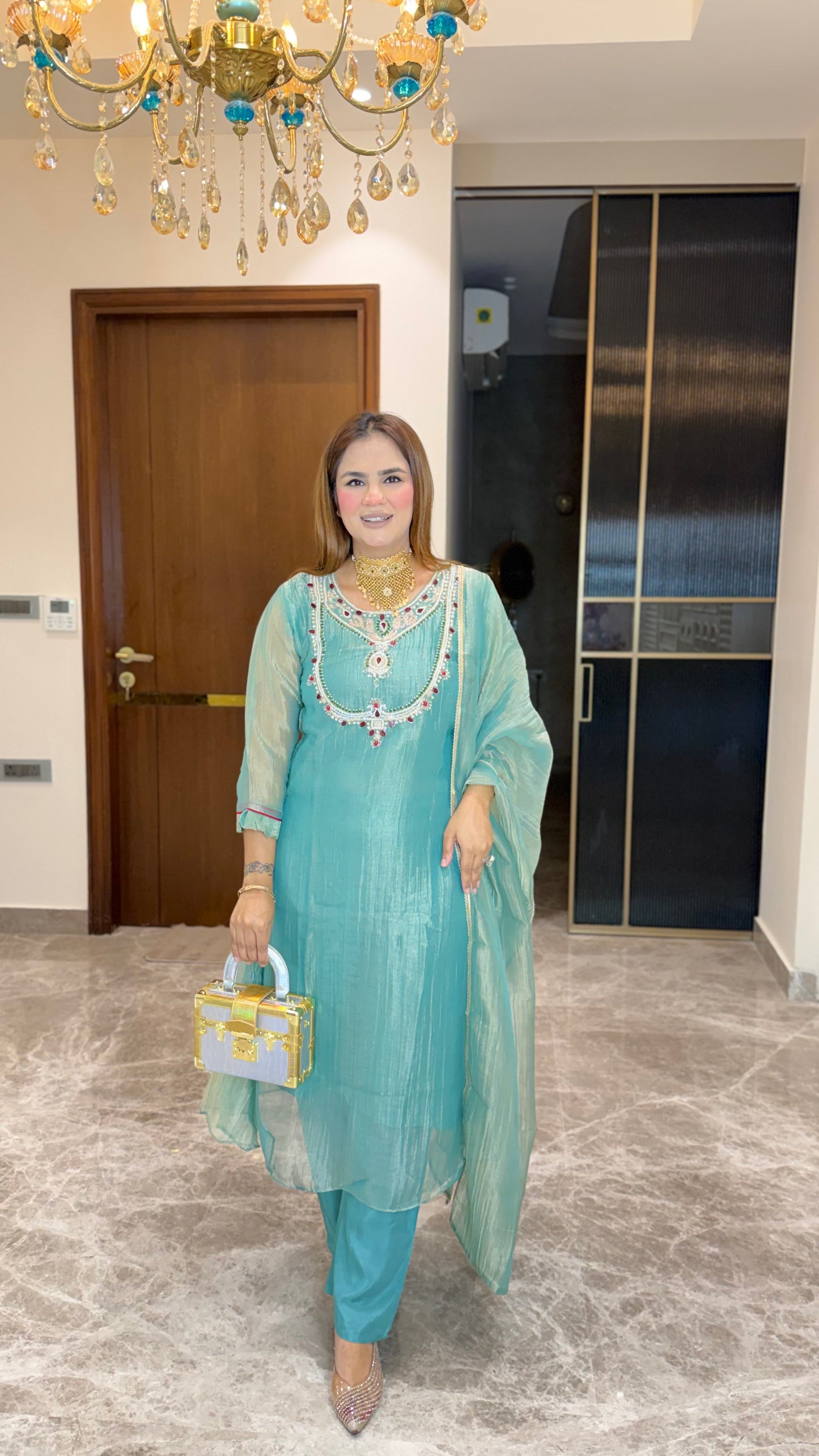 Elegant teal blue or sea-green embroidered kurta set PC3645