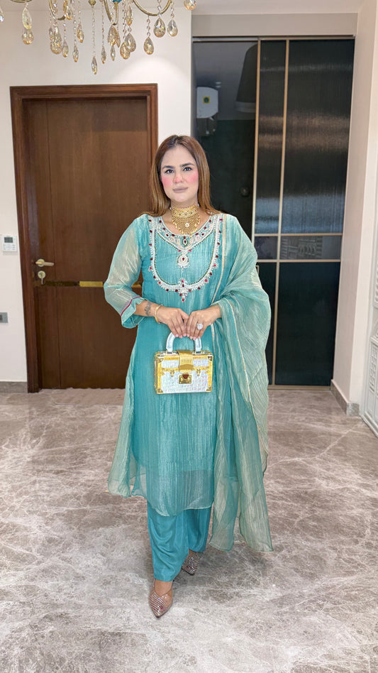 Elegant teal blue or sea-green embroidered kurta set PC3645