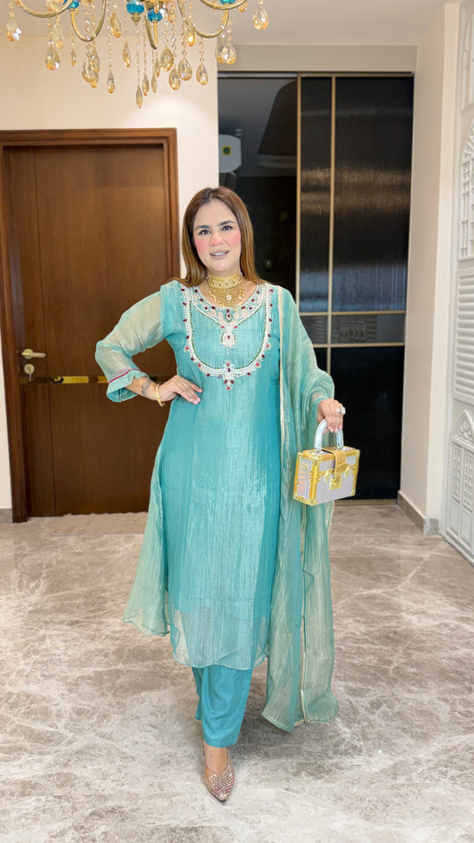 Elegant teal blue or sea-green embroidered kurta set PC3645