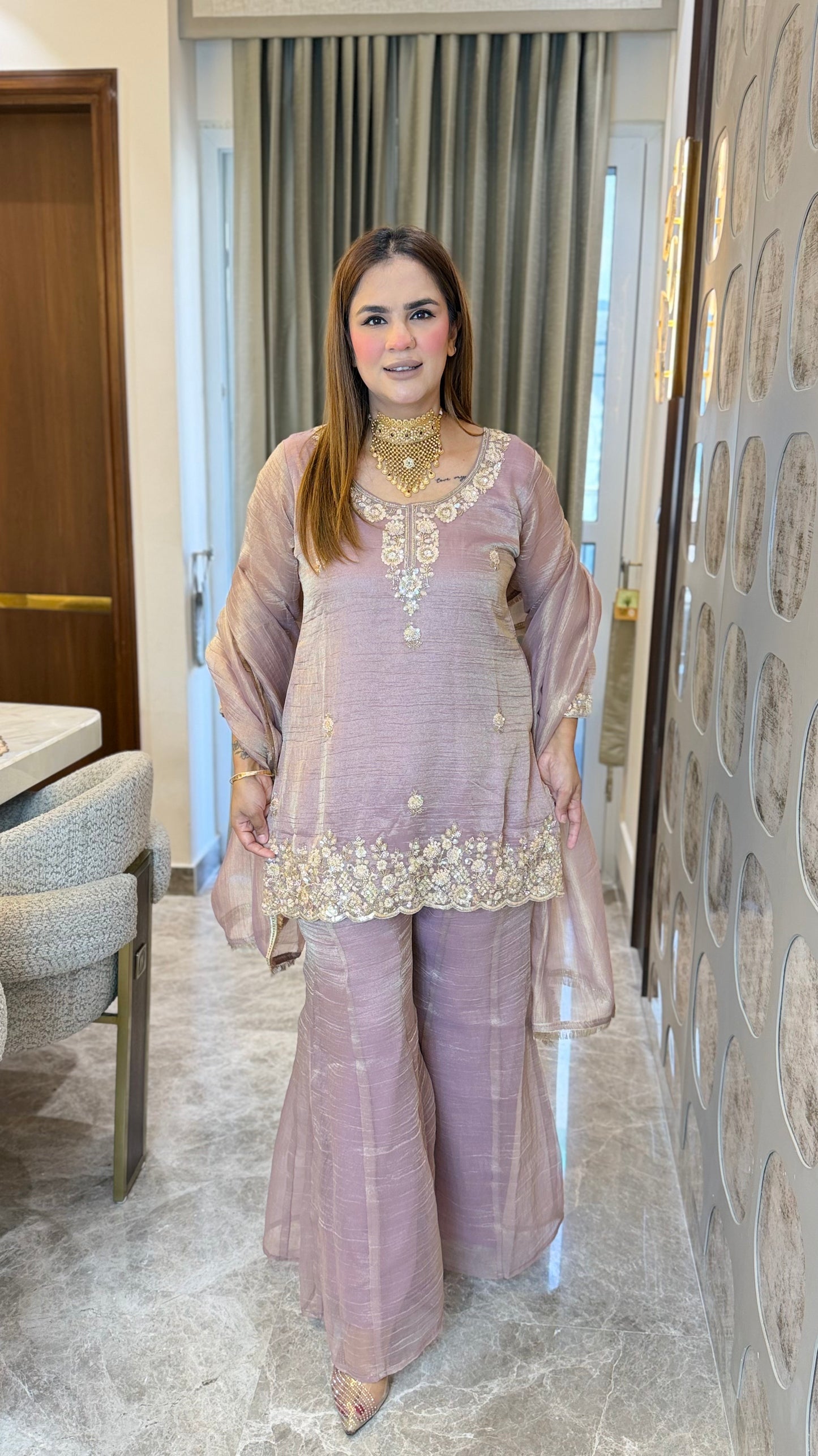 Elegant pink shimmering tissue-silk kurta PC3646
