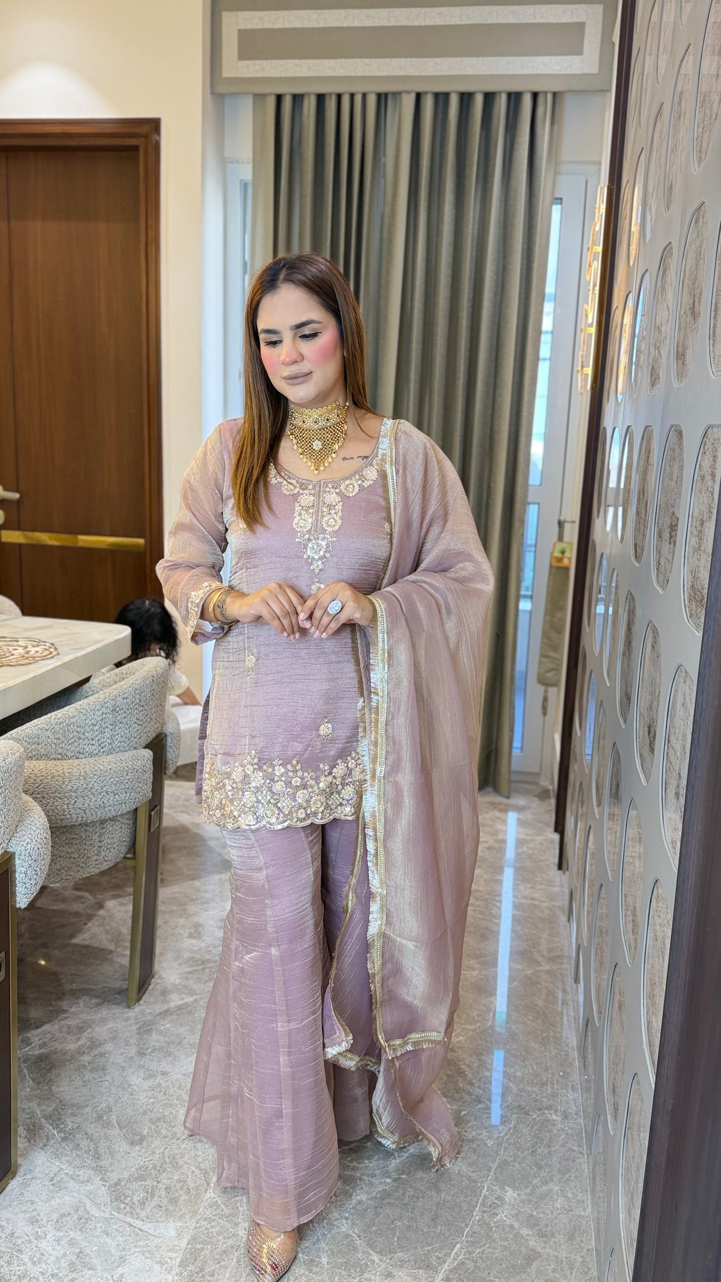 Elegant pink shimmering tissue-silk kurta PC3646