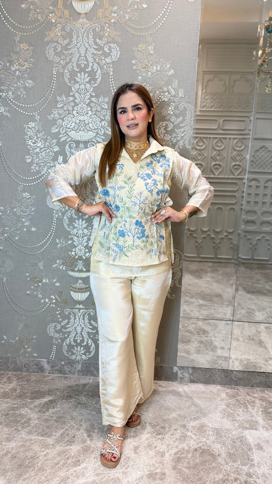 Elegant cream-colored, shiny co-ord set PC3648