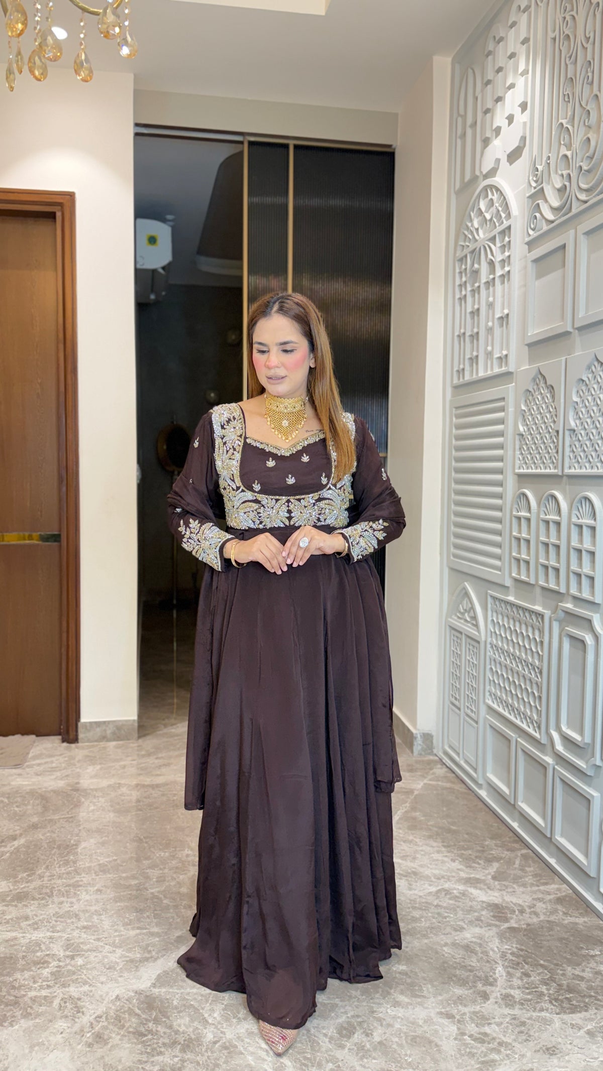 Elegant brown embroidered partywear gown PC3649