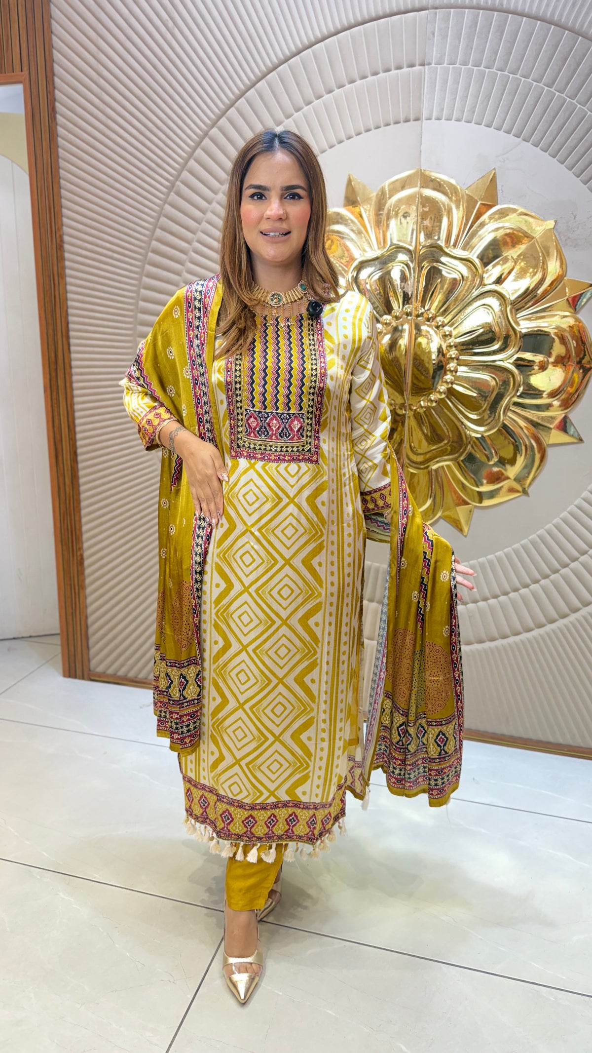 Beautiful mustard yellow geometric and ajrakh-print silk suit set pc3674