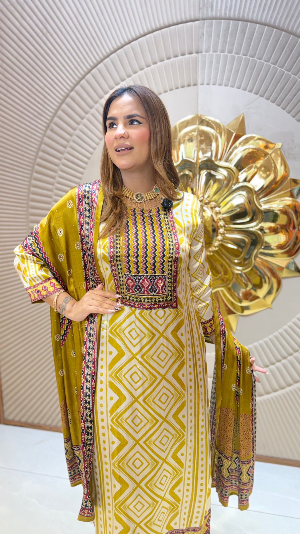 Beautiful mustard yellow geometric and ajrakh-print silk suit set pc3674