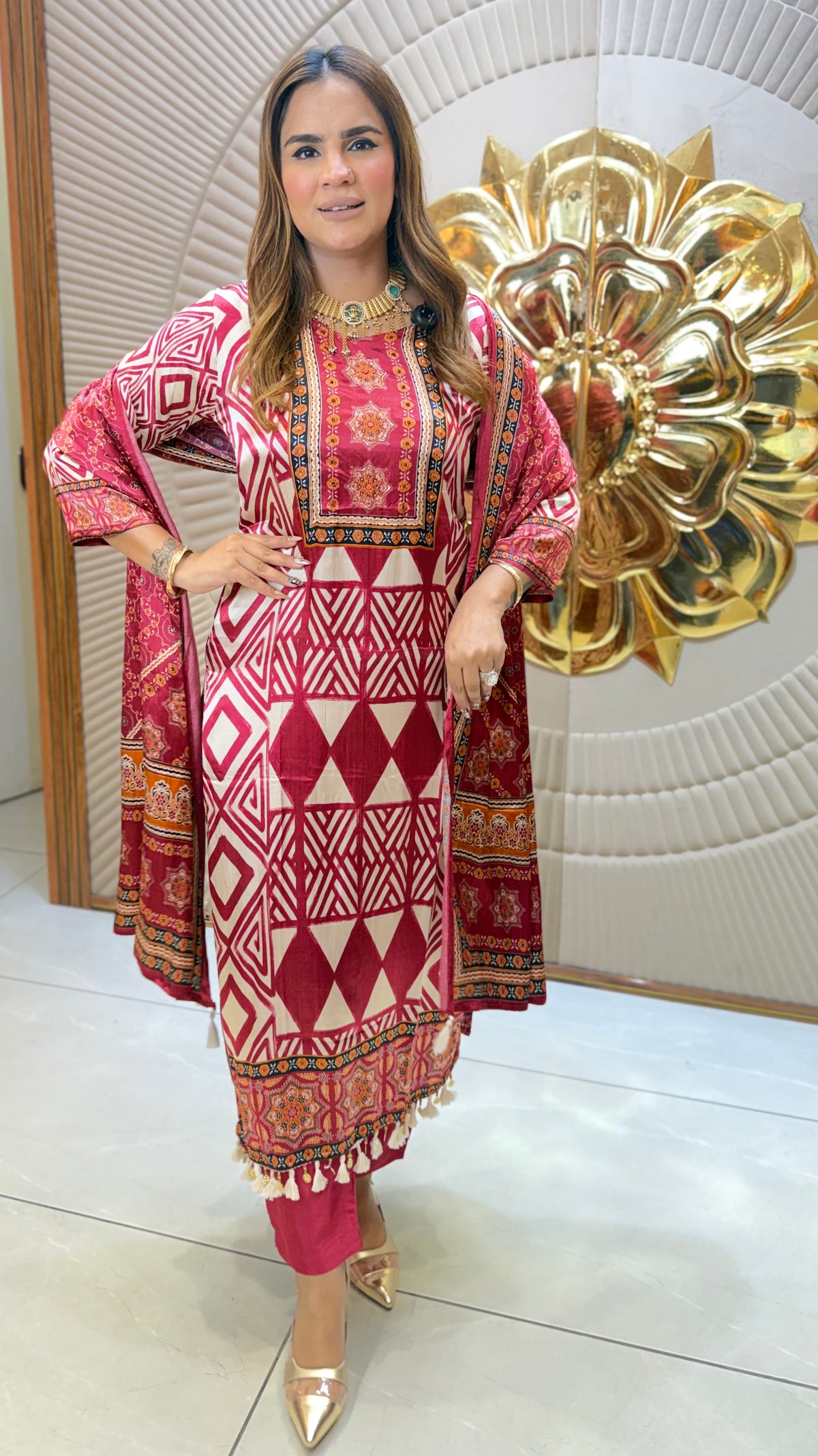 Beautiful maroon and cream geometric-printed ethnic suit set pc3675