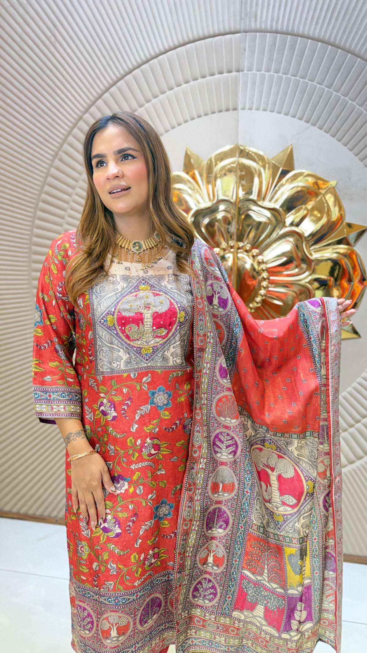 Beautiful red and beige printed ethnic kurta set pc3684