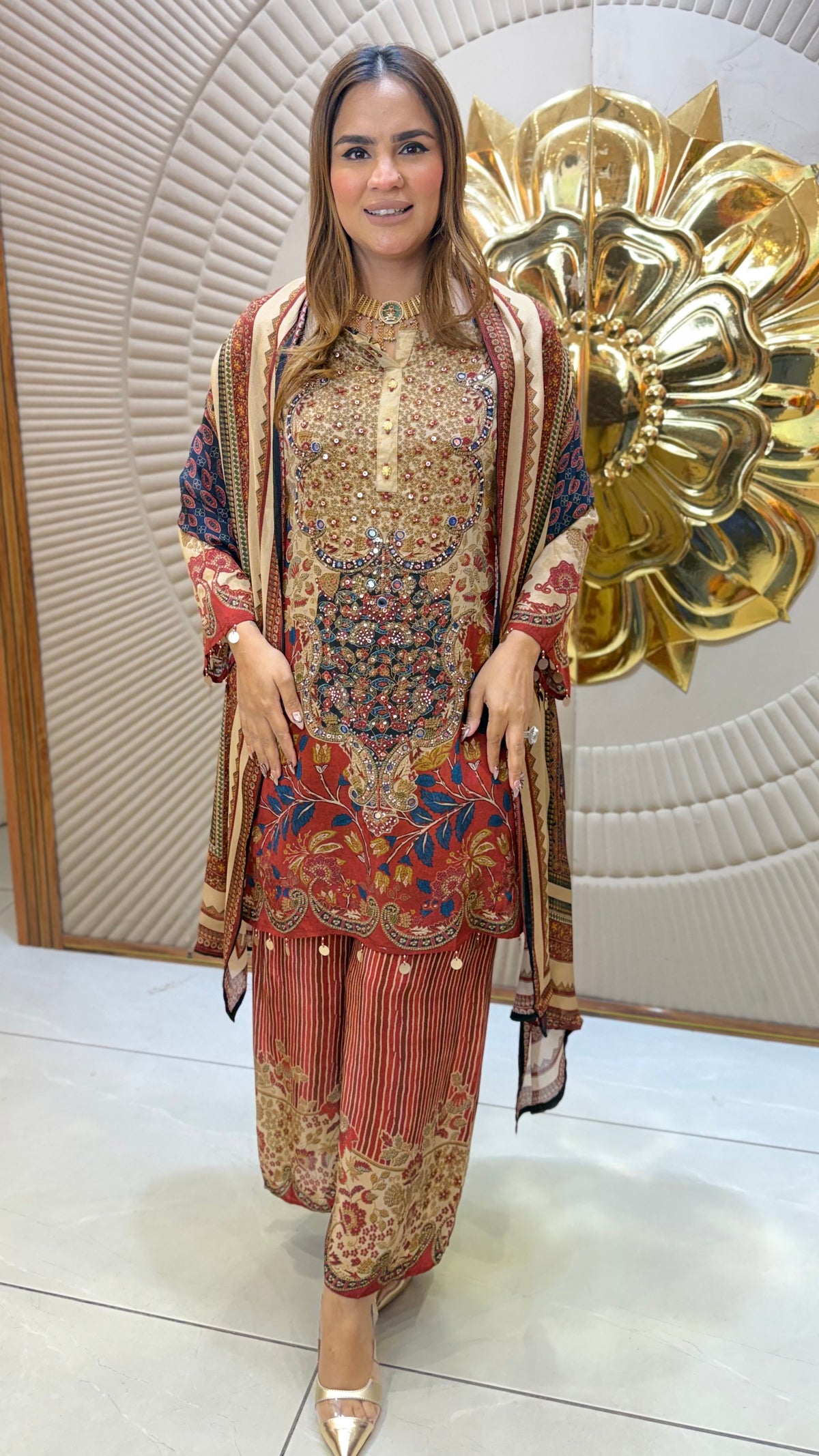 Beautiful red and beige ethnic print tunic set pc3676