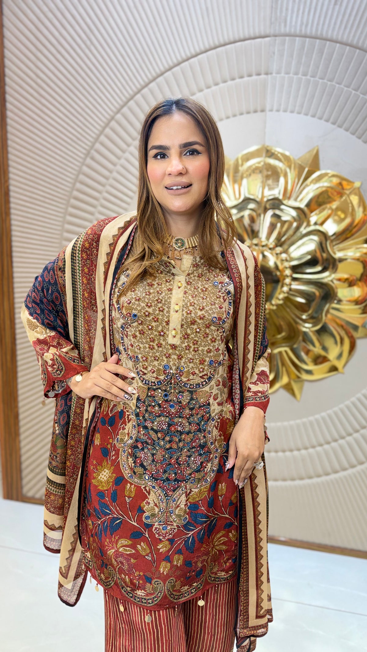 Beautiful red and beige ethnic print tunic set pc3676
